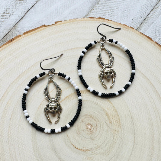 Spider Earrings, Seed Bead Earrings, Hoop Earrings Silver, Corporate Goth, Punk Earrings Dangle, Easter Basket Stuffers for Women, Witchy