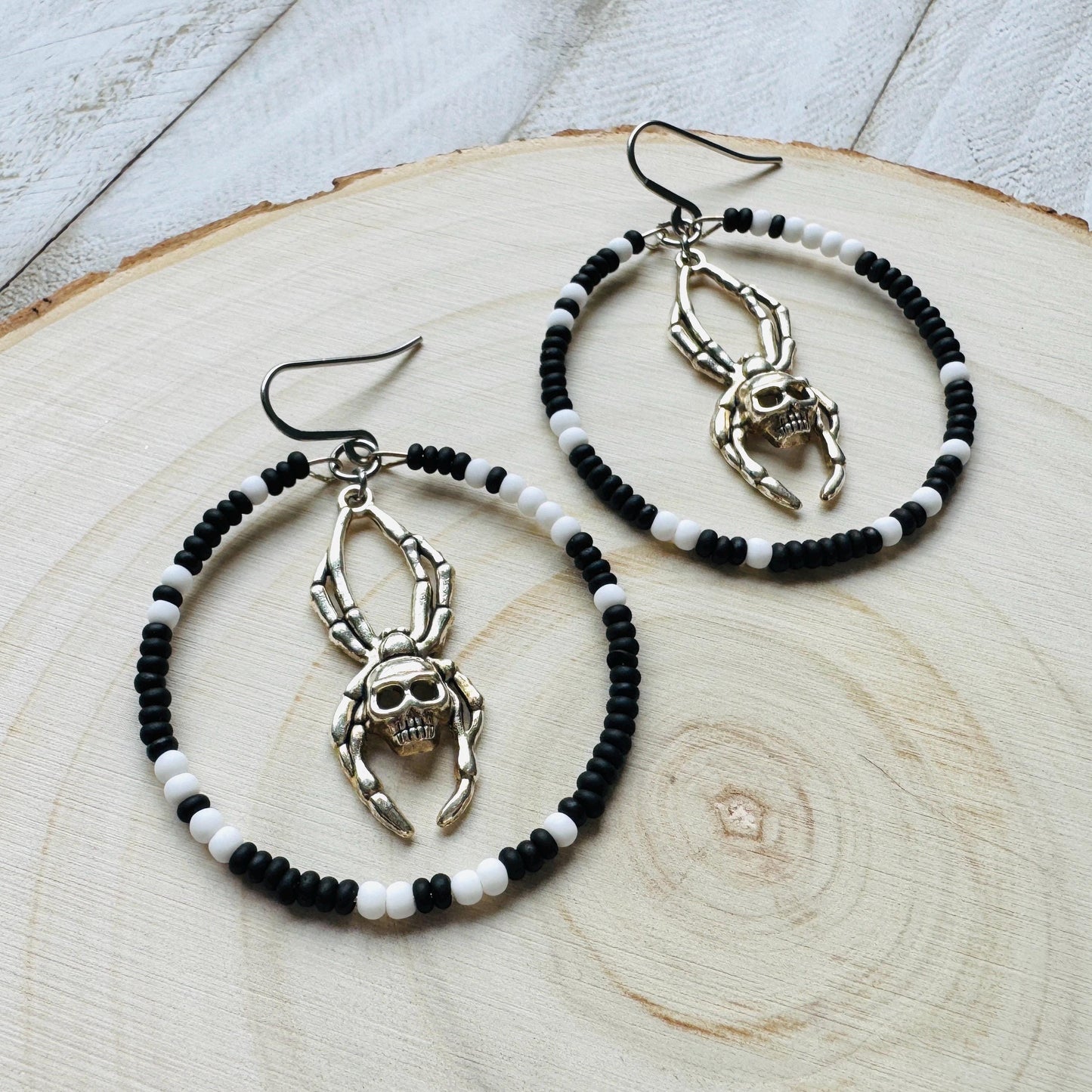 Spider Earrings, Seed Bead Earrings, Hoop Earrings Silver, Corporate Goth, Punk Earrings Dangle, Easter Basket Stuffers for Women, Witchy