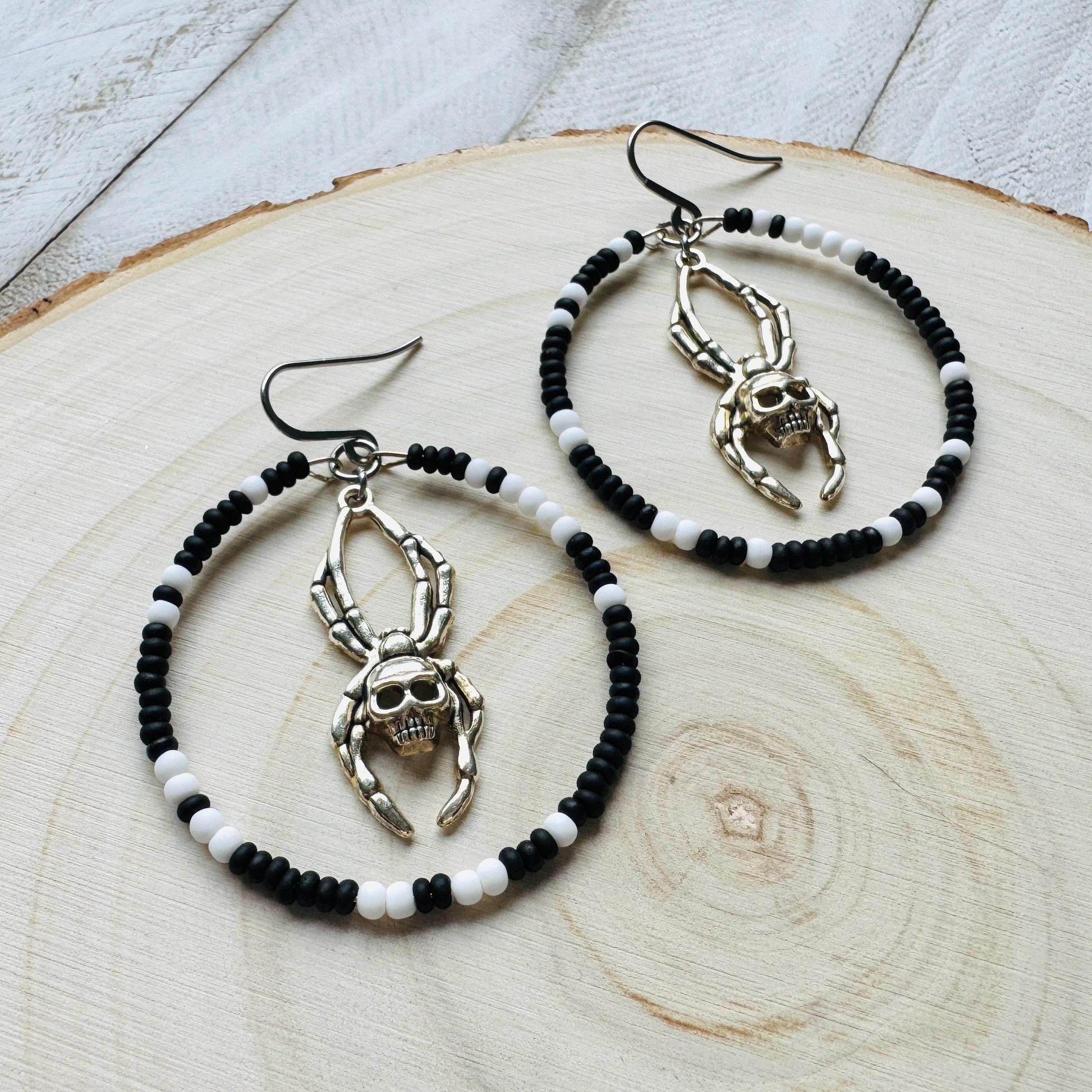 Spider Earrings, Seed Bead Earrings, Hoop Earrings Silver, Corporate Goth, Punk Earrings Dangle, Easter Basket Stuffers for Women, Witchy