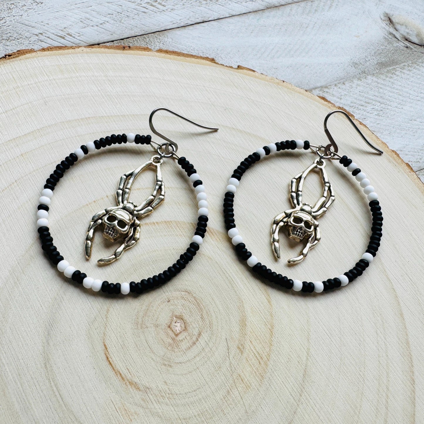 Spider Earrings, Seed Bead Earrings, Hoop Earrings Silver, Corporate Goth, Punk Earrings Dangle, Easter Basket Stuffers for Women, Witchy