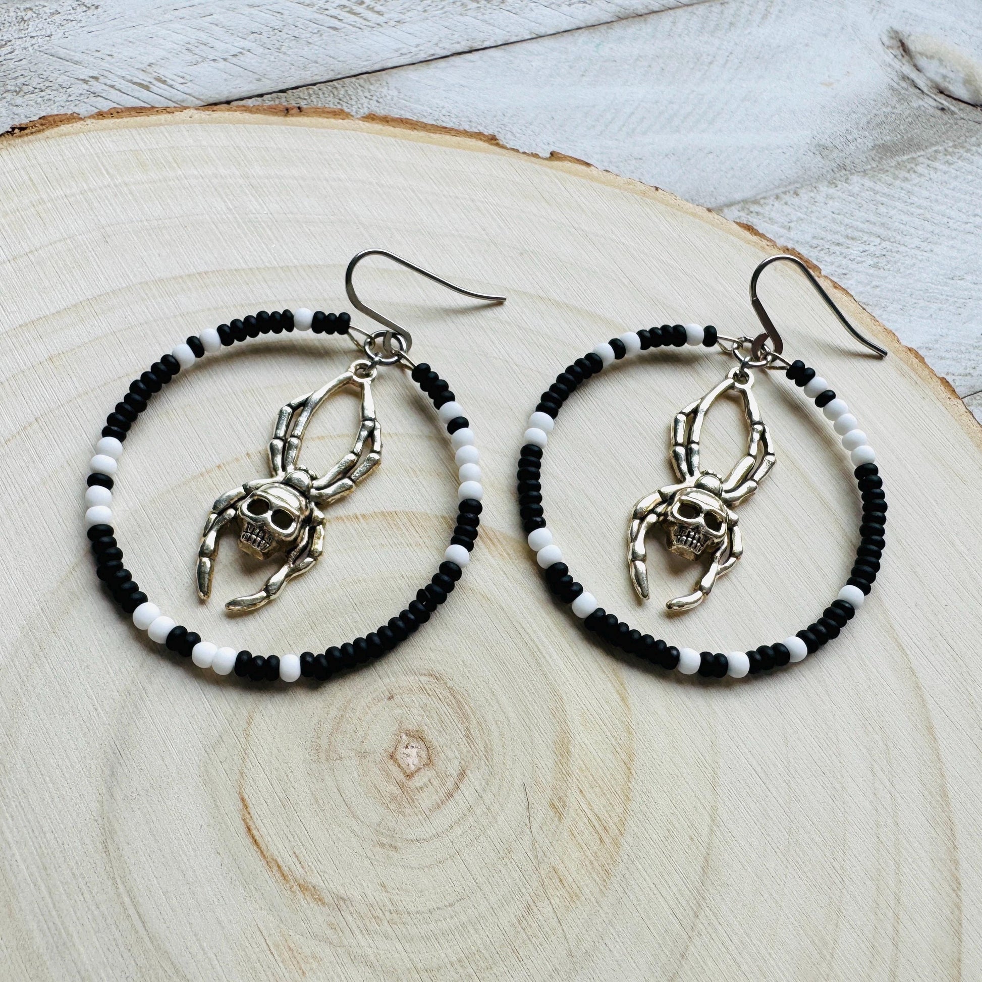Spider Earrings, Seed Bead Earrings, Hoop Earrings Silver, Corporate Goth, Punk Earrings Dangle, Easter Basket Stuffers for Women, Witchy