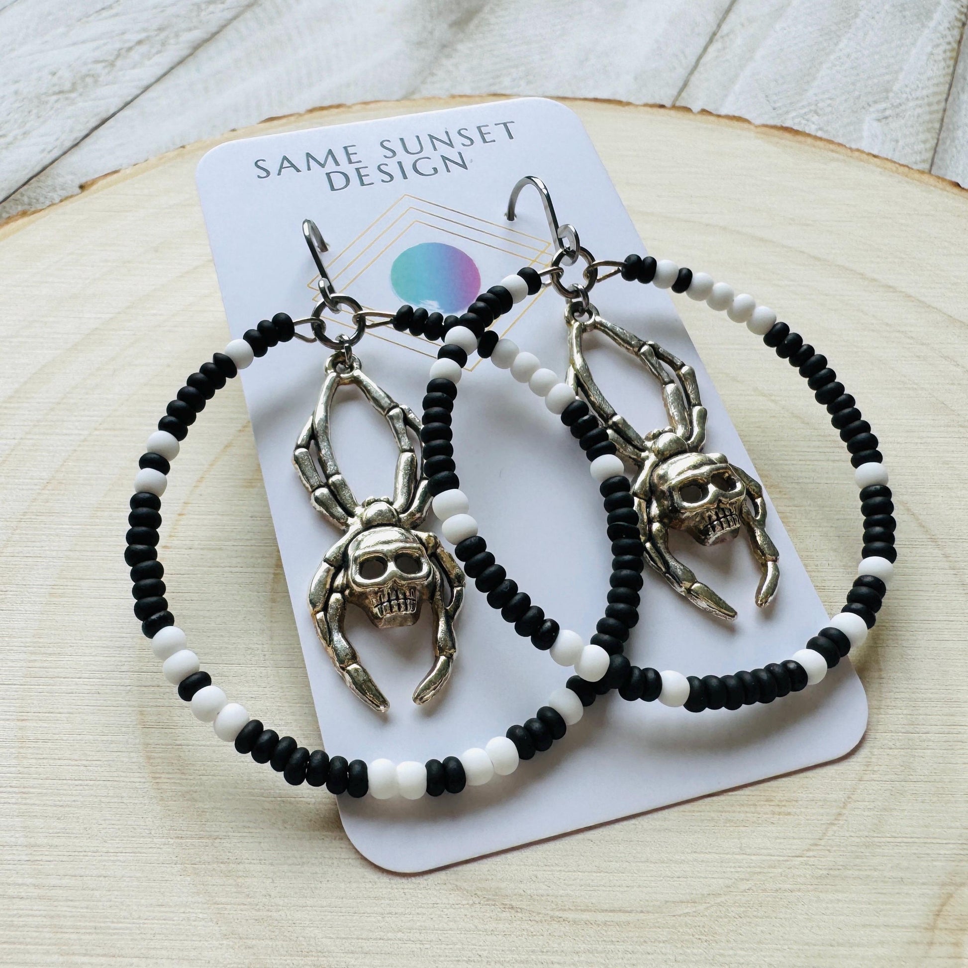 Spider Earrings, Seed Bead Earrings, Hoop Earrings Silver, Corporate Goth, Punk Earrings Dangle, Easter Basket Stuffers for Women, Witchy