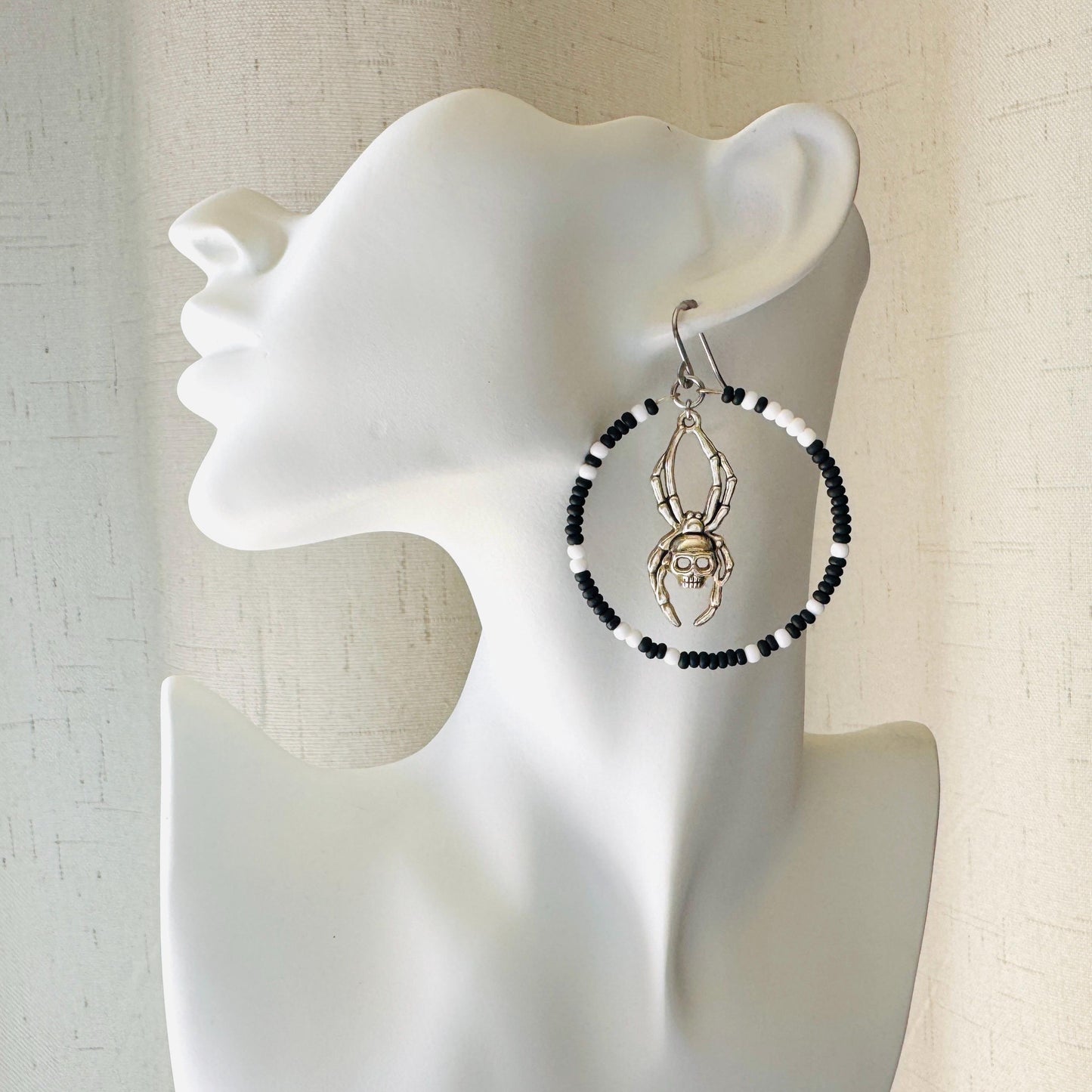 Spider Earrings, Seed Bead Earrings, Hoop Earrings Silver, Corporate Goth, Punk Earrings Dangle, Easter Basket Stuffers for Women, Witchy