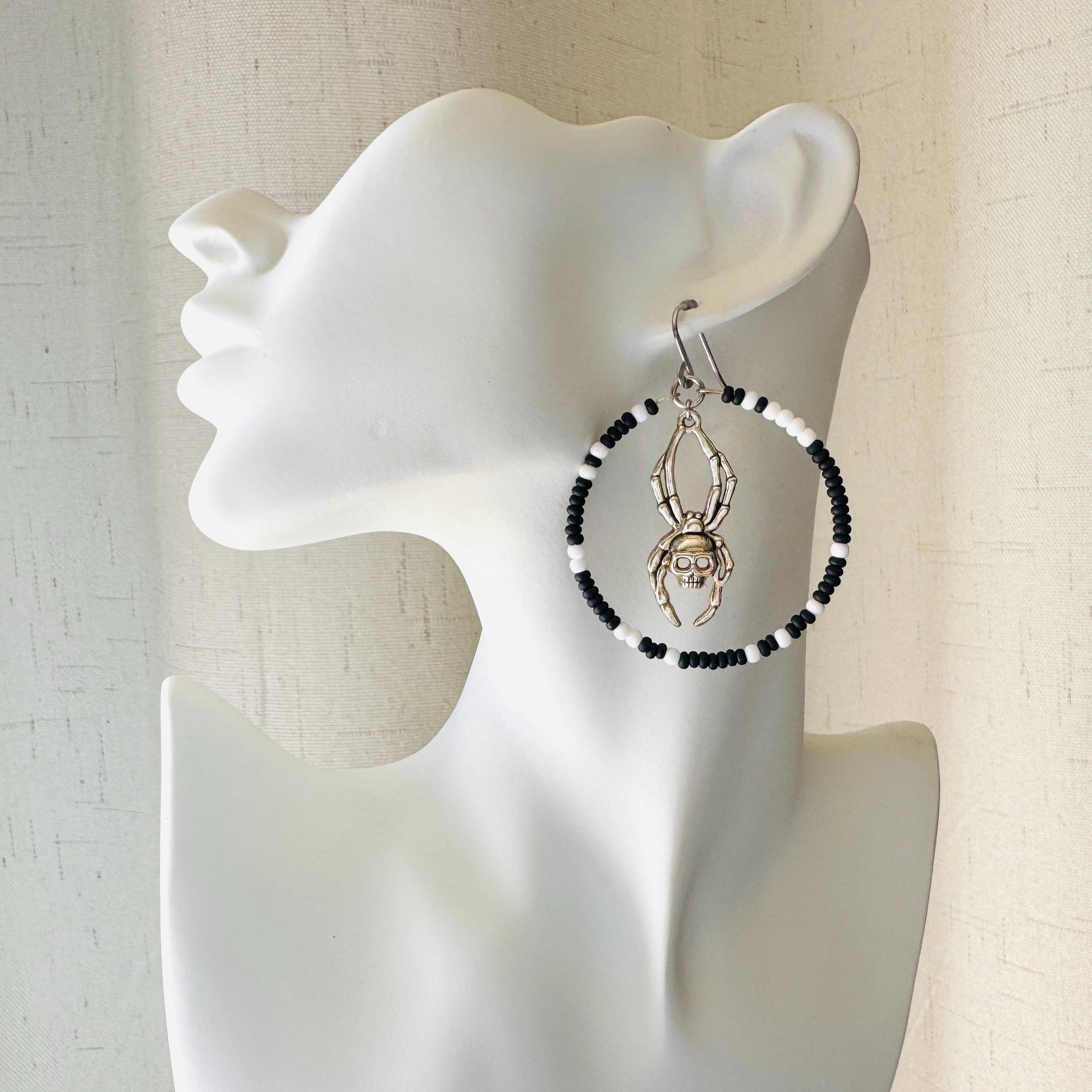 Spider Earrings, Seed Bead Earrings, Hoop Earrings Silver, Corporate Goth, Punk Earrings Dangle, Easter Basket Stuffers for Women, Witchy