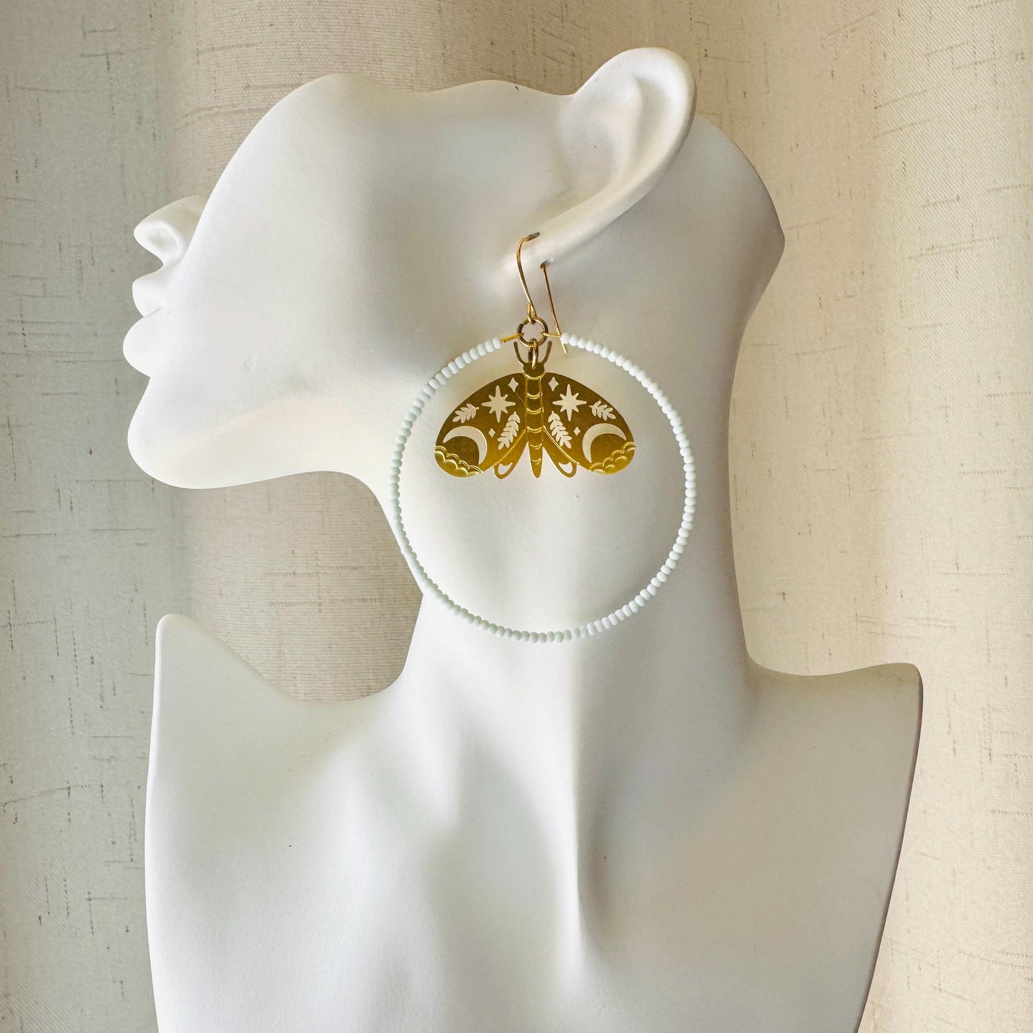 Moth Earrings, Seed Bead Hoop Earrings, Celestial Earrings Gold, Boho Earrings, Birthday Gift for Wife, Easter Basket Stuffers for Women