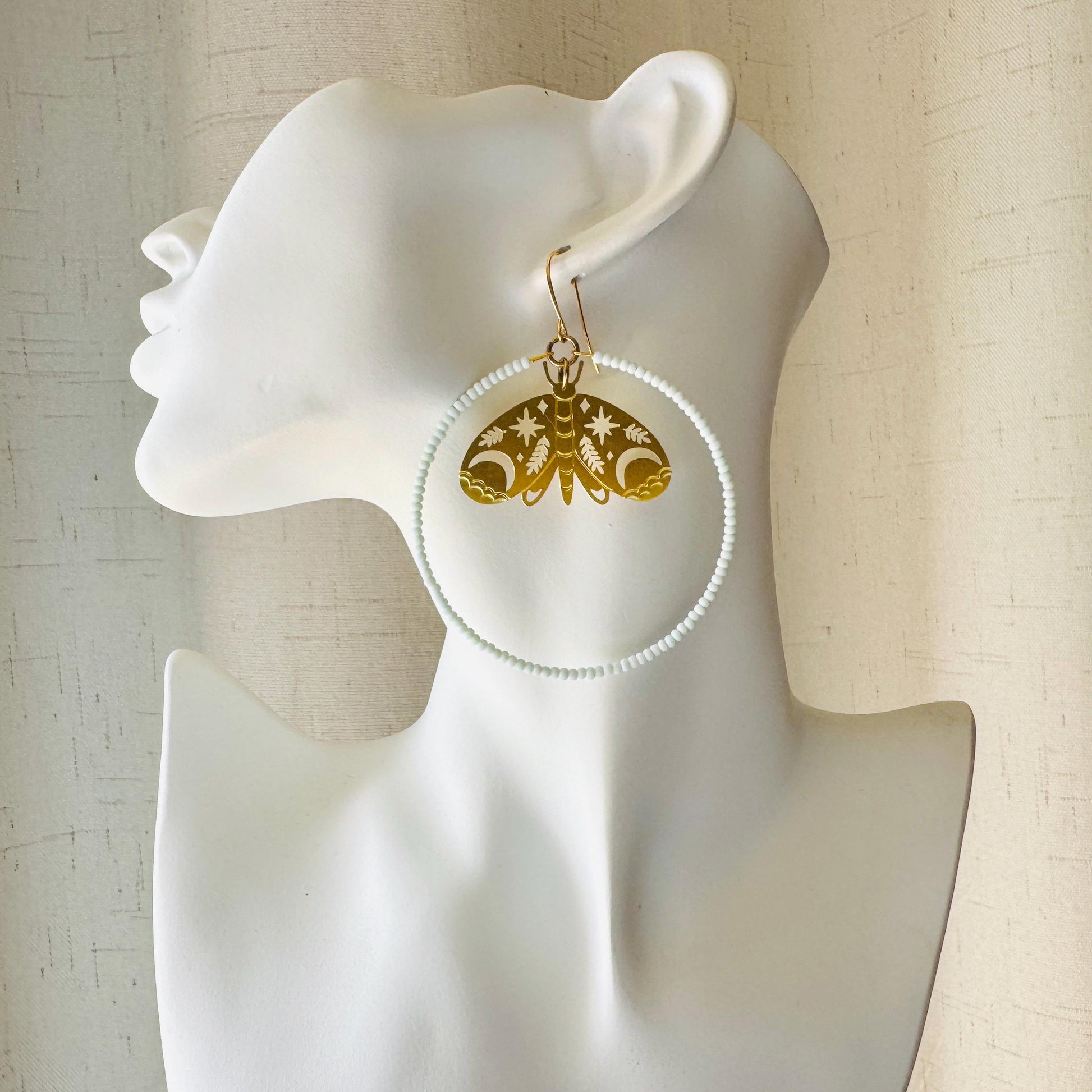 Moth Earrings, Seed Bead Hoop Earrings, Celestial Earrings Gold, Boho Earrings, Birthday Gift for Wife, Easter Basket Stuffers for Women
