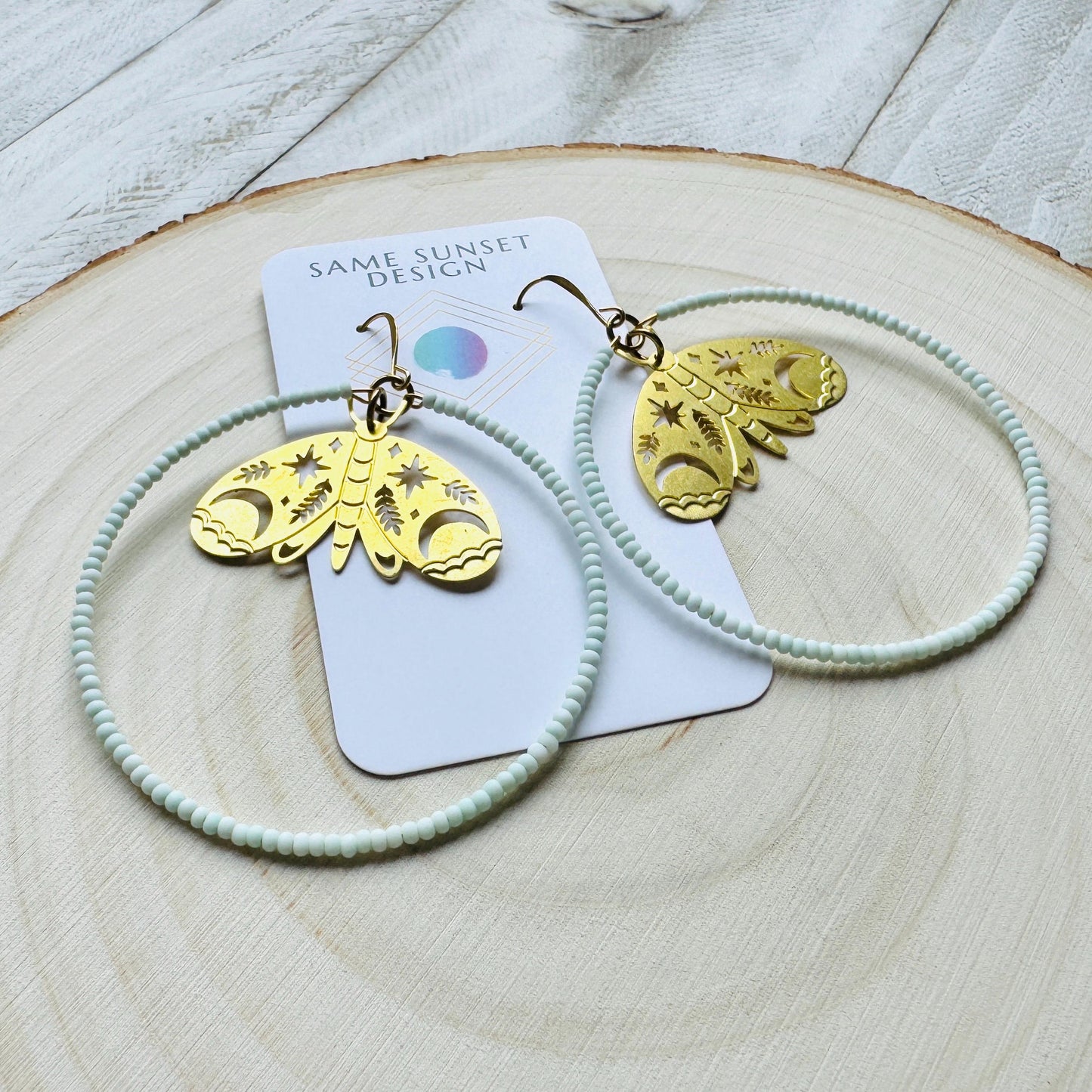 Moth Earrings, Seed Bead Hoop Earrings, Celestial Earrings Gold, Boho Earrings, Birthday Gift for Wife, Easter Basket Stuffers for Women