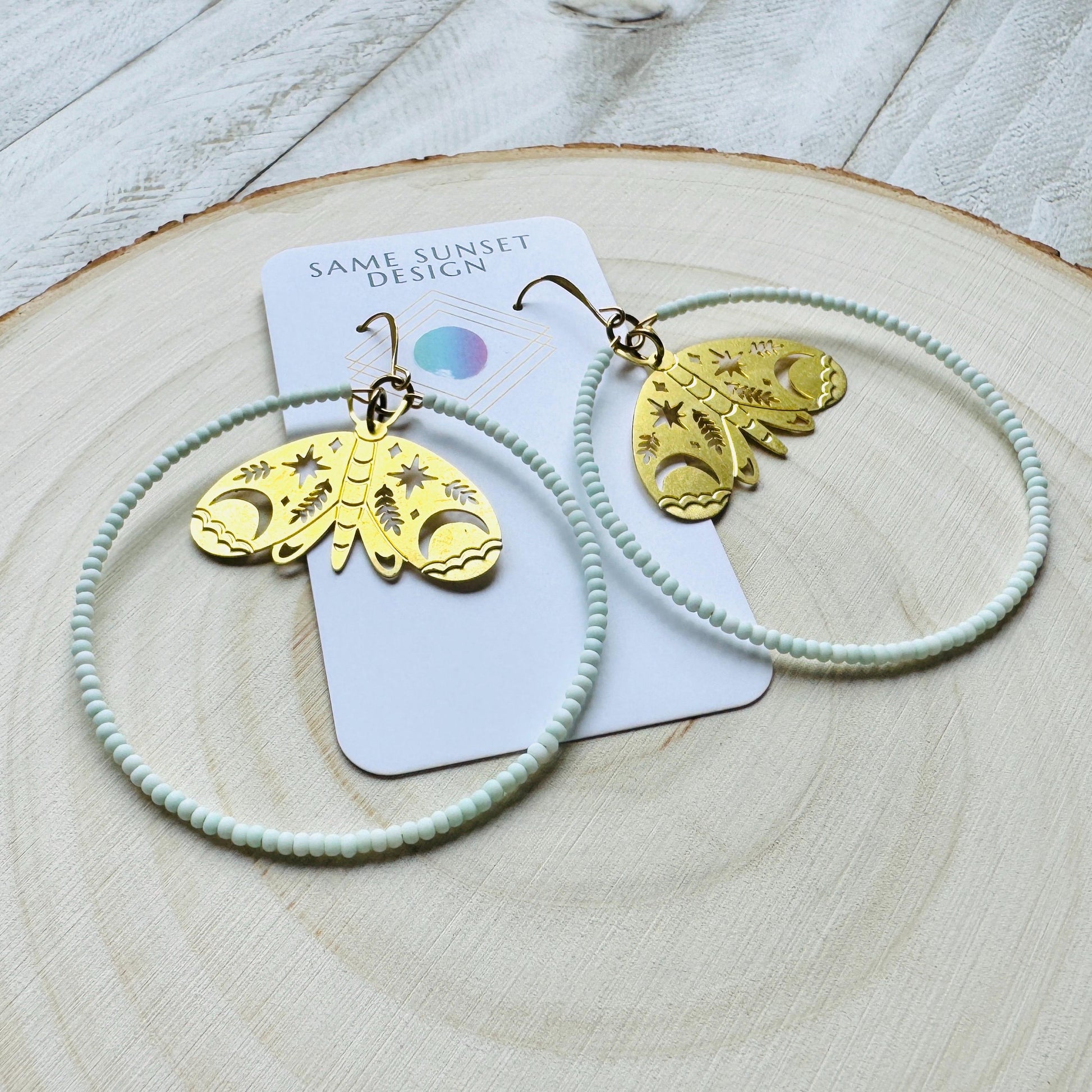 Moth Earrings, Seed Bead Hoop Earrings, Celestial Earrings Gold, Boho Earrings, Birthday Gift for Wife, Easter Basket Stuffers for Women