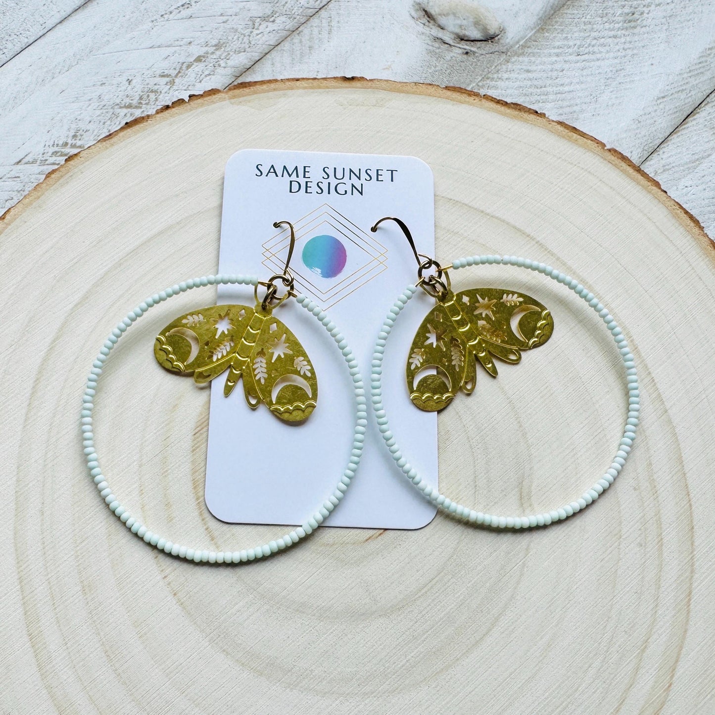 Moth Earrings, Seed Bead Hoop Earrings, Celestial Earrings Gold, Boho Earrings, Birthday Gift for Wife, Easter Basket Stuffers for Women