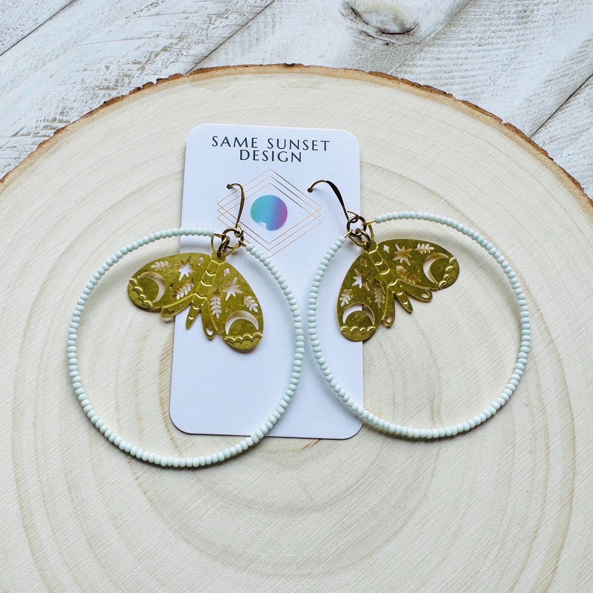 Moth Earrings, Seed Bead Hoop Earrings, Celestial Earrings Gold, Boho Earrings, Birthday Gift for Wife, Easter Basket Stuffers for Women