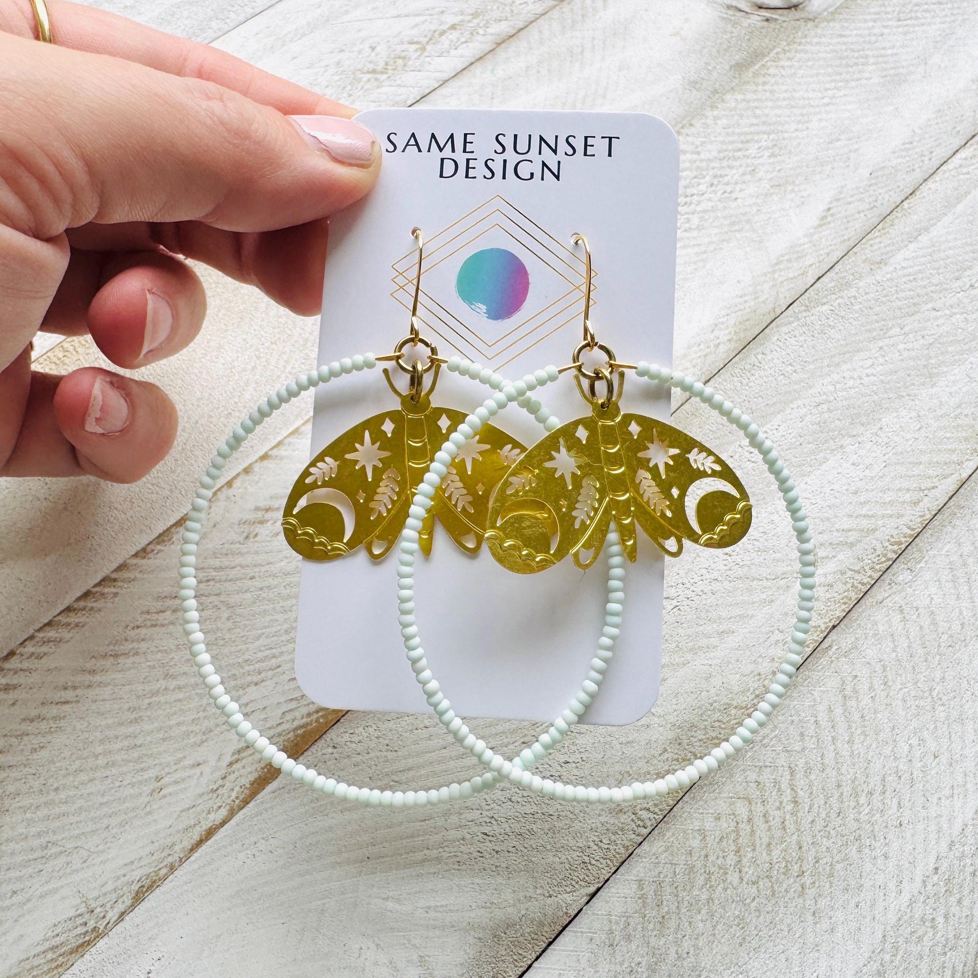 Moth Earrings, Seed Bead Hoop Earrings, Celestial Earrings Gold, Boho Earrings, Birthday Gift for Wife, Easter Basket Stuffers for Women