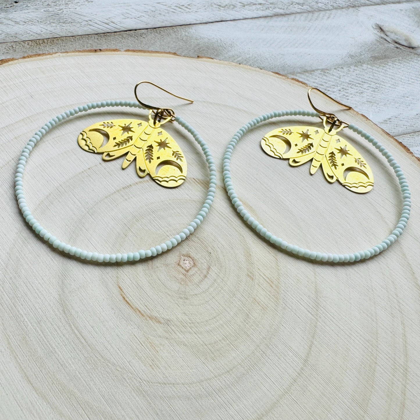 Moth Earrings, Seed Bead Hoop Earrings, Celestial Earrings Gold, Boho Earrings, Birthday Gift for Wife, Easter Basket Stuffers for Women