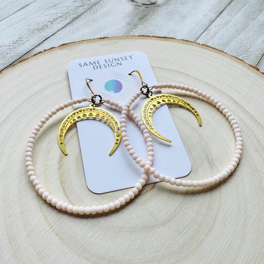 Crescent Moon Earrings, Seed Bead Hoop Earrings, Brass Hoop Earrings Large, Birthday Gift for Wife, Easter Basket Stuffers for Women