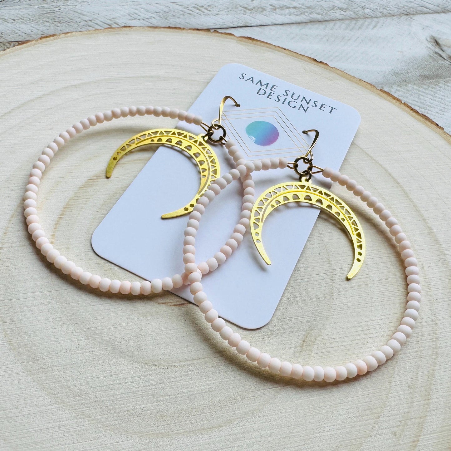 Crescent Moon Earrings, Seed Bead Hoop Earrings, Brass Hoop Earrings Large, Birthday Gift for Wife, Easter Basket Stuffers for Women