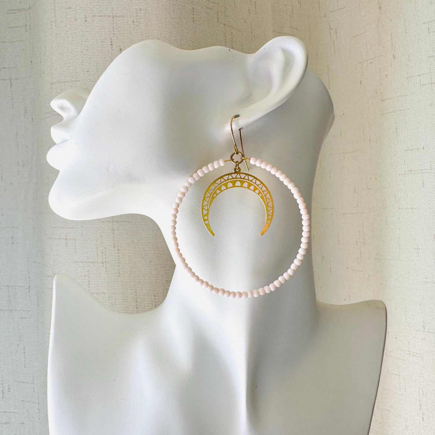 Crescent Moon Earrings, Seed Bead Hoop Earrings, Brass Hoop Earrings Large, Birthday Gift for Wife, Easter Basket Stuffers for Women