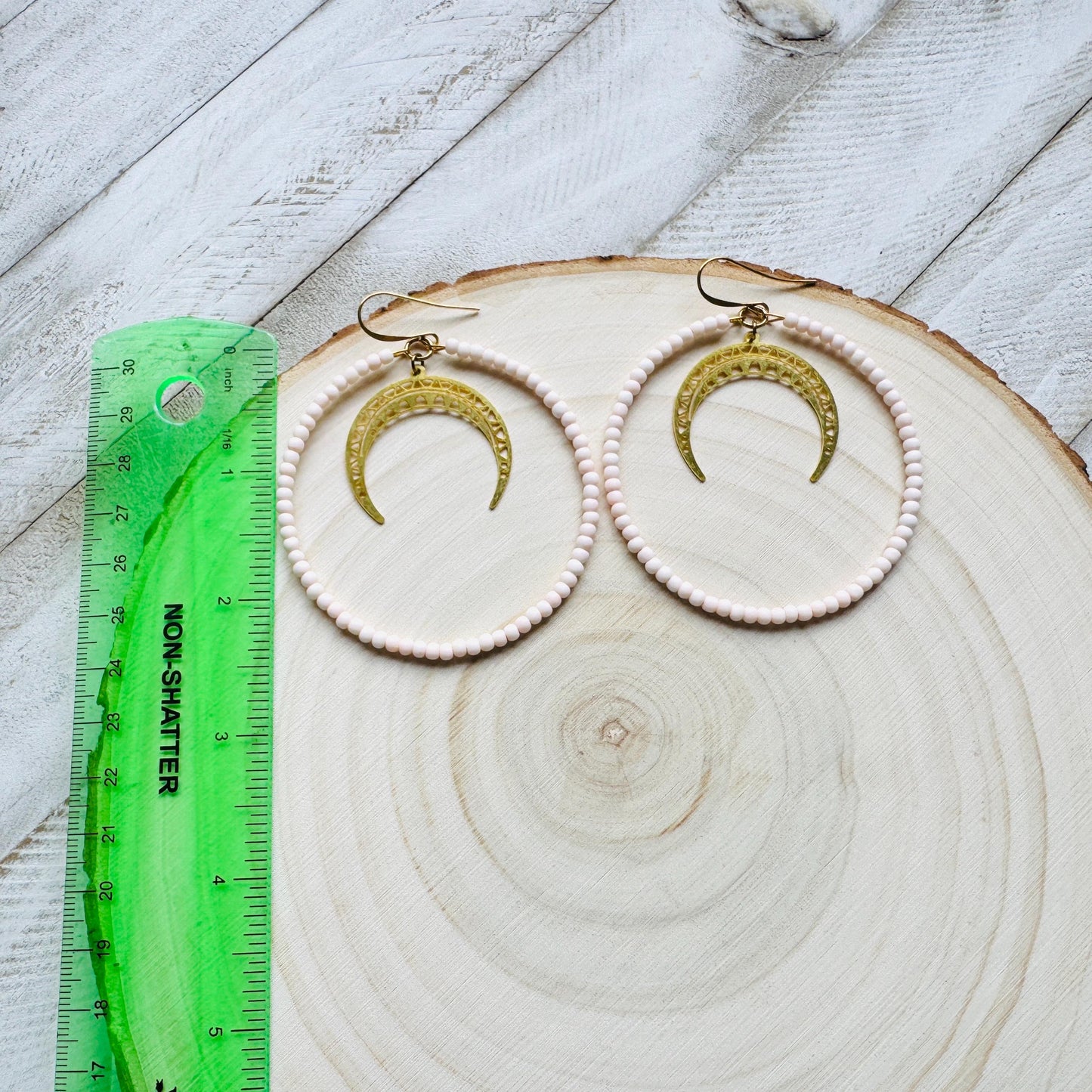 Crescent Moon Earrings, Seed Bead Hoop Earrings, Brass Hoop Earrings Large, Birthday Gift for Wife, Easter Basket Stuffers for Women