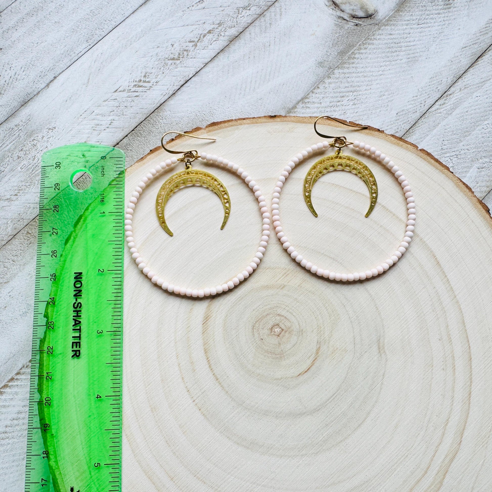 Crescent Moon Earrings, Seed Bead Hoop Earrings, Brass Hoop Earrings Large, Birthday Gift for Wife, Easter Basket Stuffers for Women