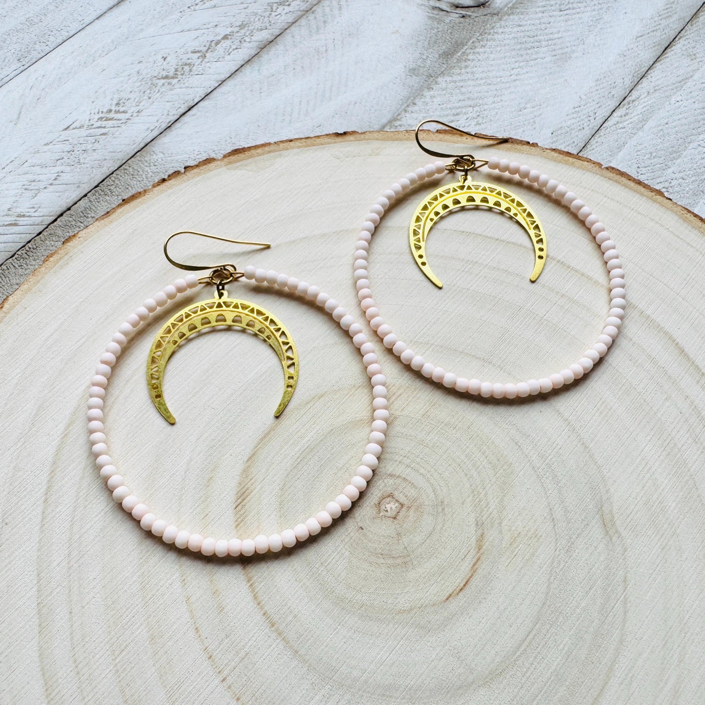 Crescent Moon Earrings, Seed Bead Hoop Earrings, Brass Hoop Earrings Large, Birthday Gift for Wife, Easter Basket Stuffers for Women