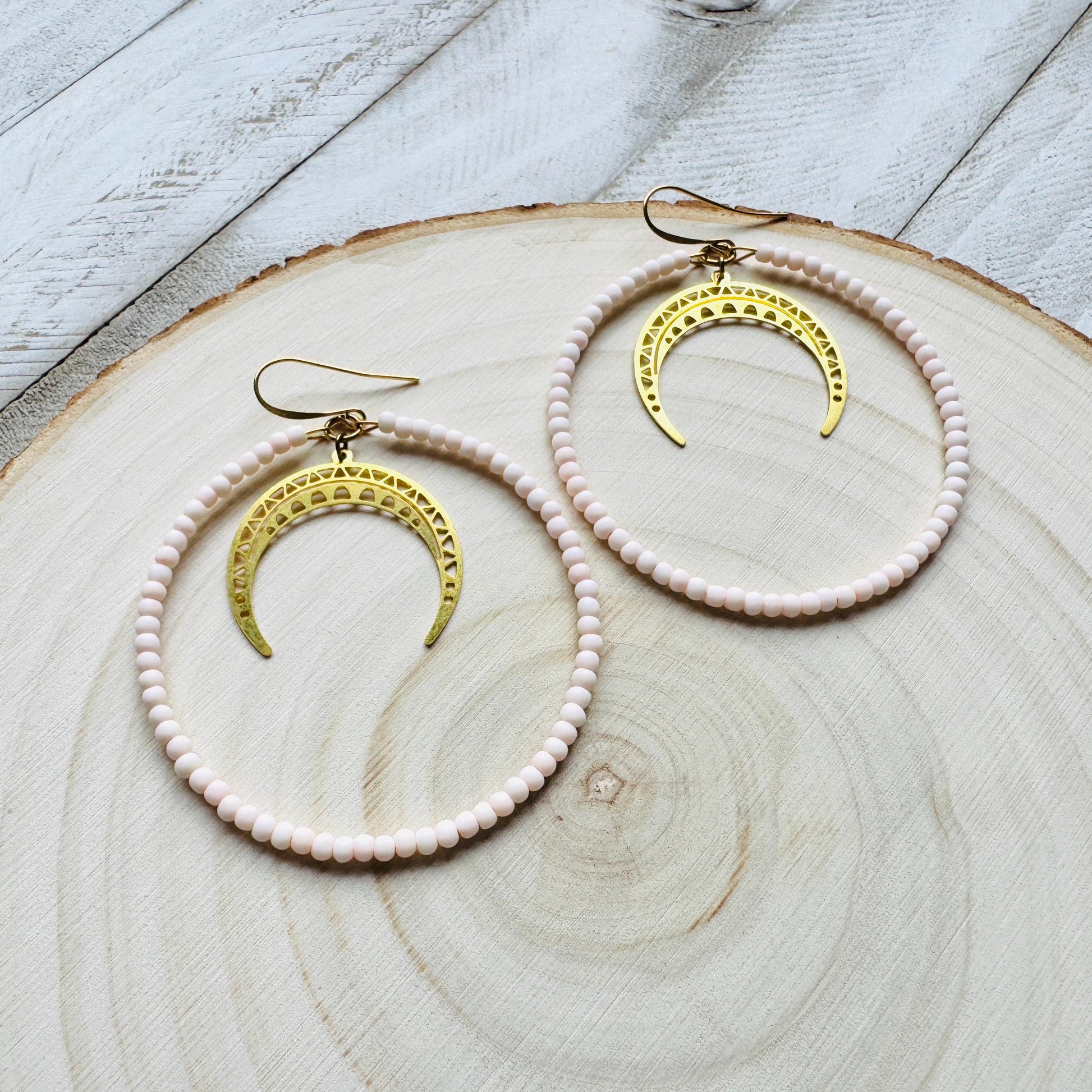 Crescent Moon Earrings, Seed Bead Hoop Earrings, Brass Hoop Earrings Large, Birthday Gift for Wife, Easter Basket Stuffers for Women