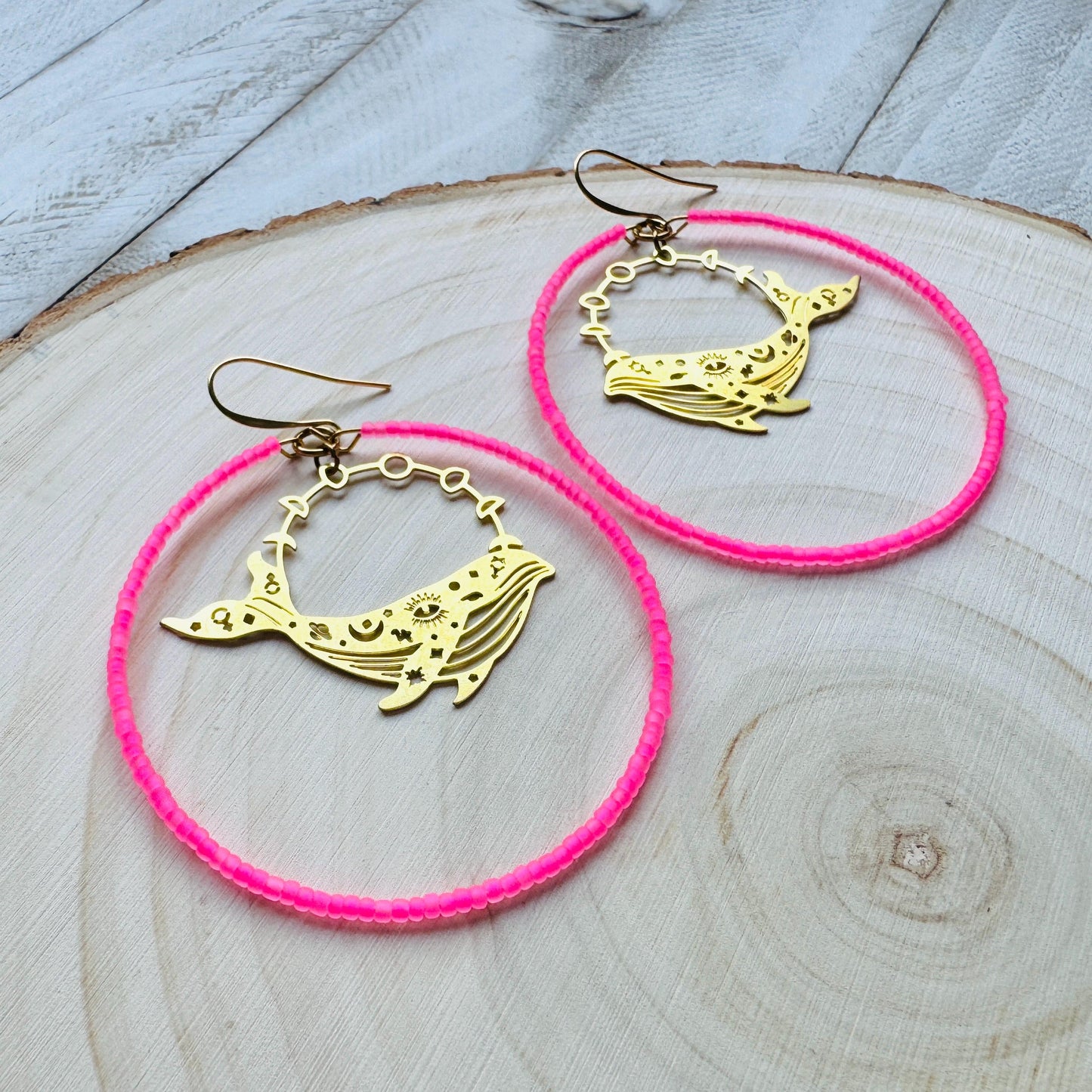 Whale Earrings, Seed Bead Hoop Earrings, Brass Hoop Earrings Large, Birthday Gift for Wife, Easter Basket Stuffers for Women, Boho Chic