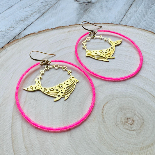 Whale Earrings, Seed Bead Hoop Earrings, Brass Hoop Earrings Large, Birthday Gift for Wife, Easter Basket Stuffers for Women, Boho Chic