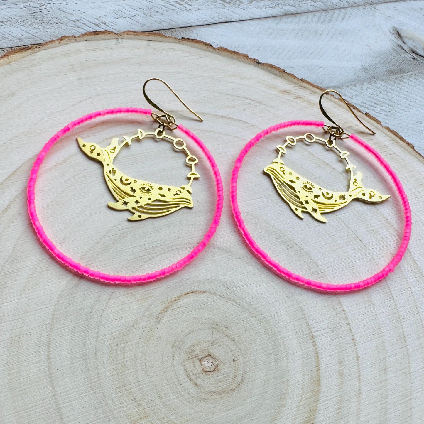 Whale Earrings, Seed Bead Hoop Earrings, Brass Hoop Earrings Large, Birthday Gift for Wife, Easter Basket Stuffers for Women, Boho Chic