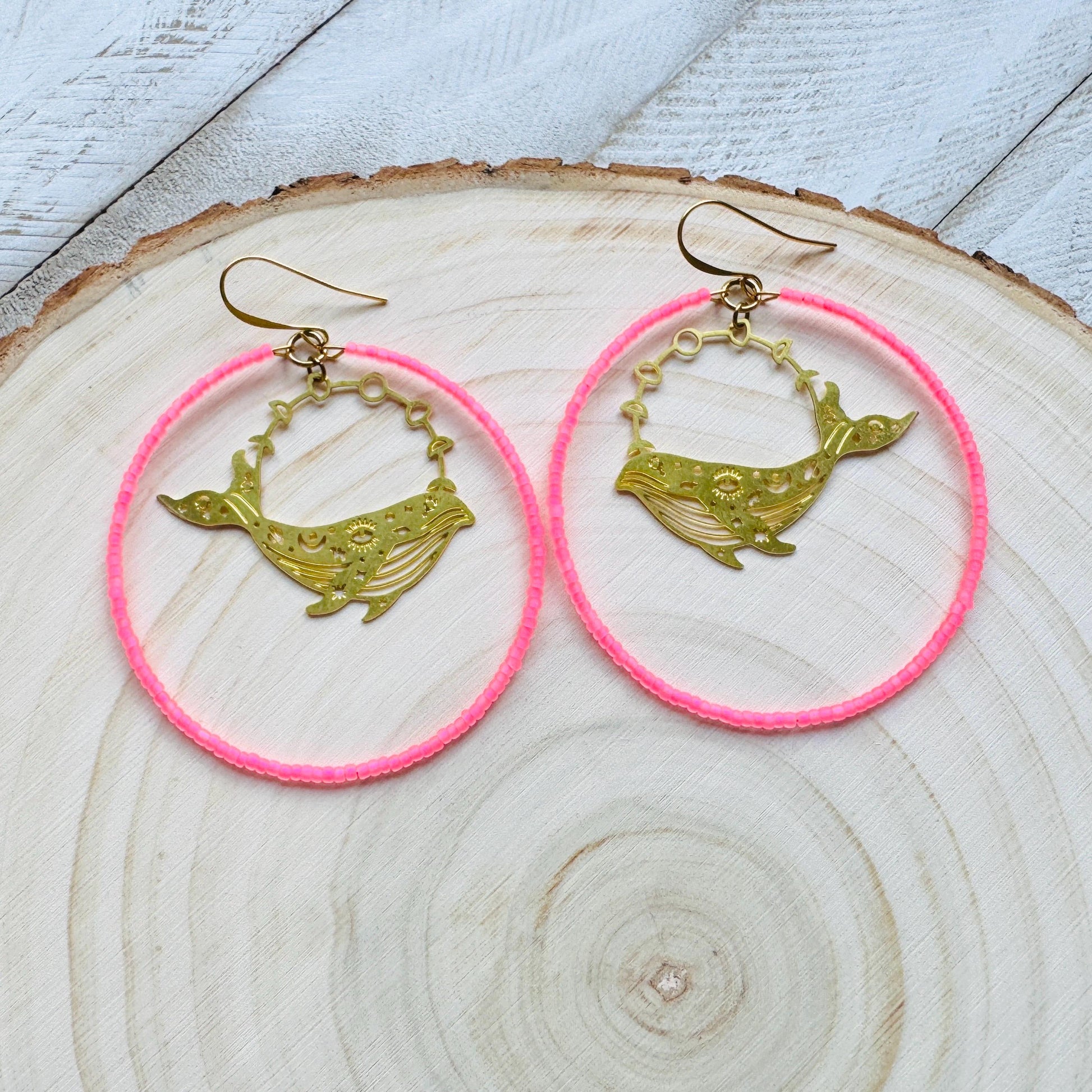 Whale Earrings, Seed Bead Hoop Earrings, Brass Hoop Earrings Large, Birthday Gift for Wife, Easter Basket Stuffers for Women, Boho Chic