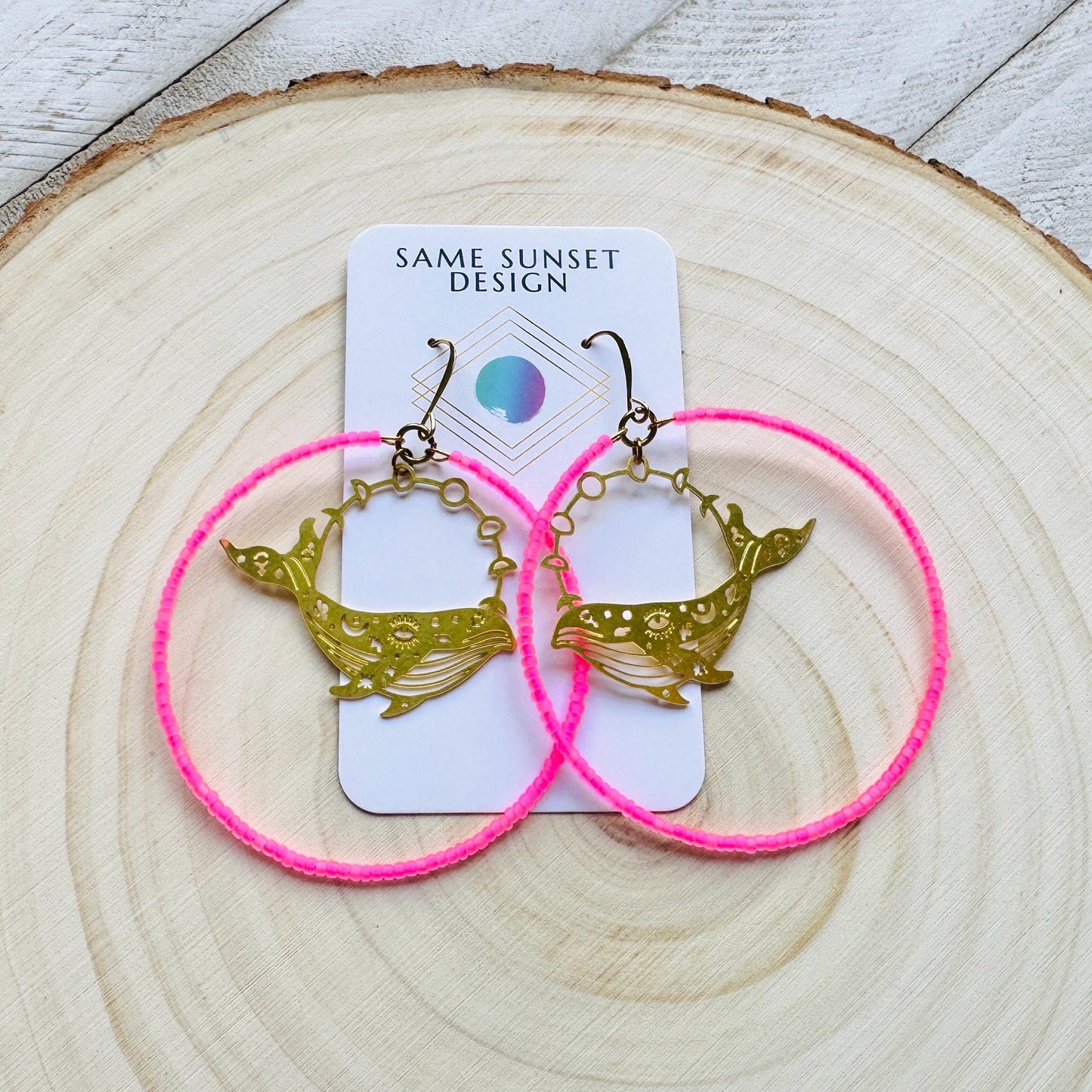 Whale Earrings, Seed Bead Hoop Earrings, Brass Hoop Earrings Large, Birthday Gift for Wife, Easter Basket Stuffers for Women, Boho Chic