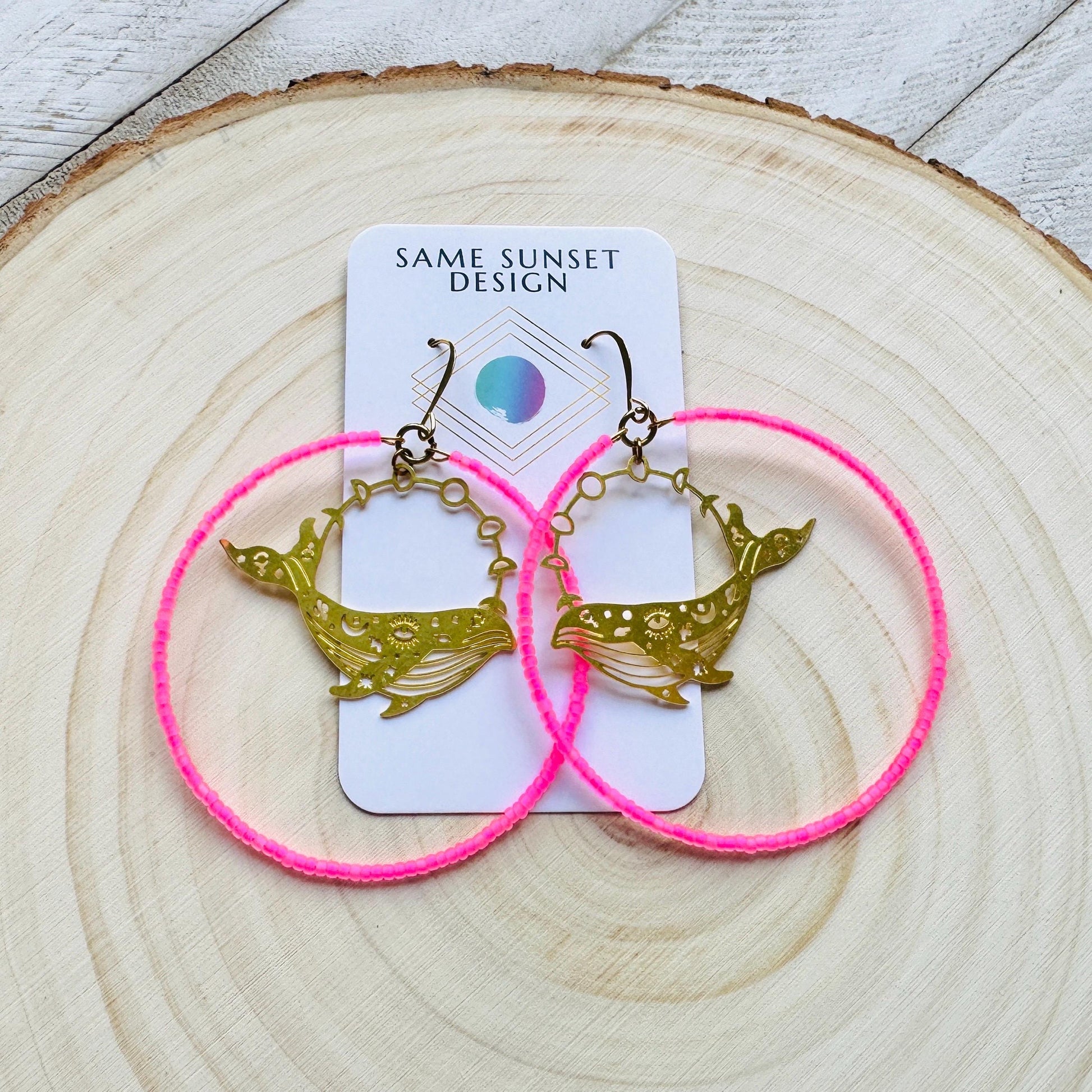 Whale Earrings, Seed Bead Hoop Earrings, Brass Hoop Earrings Large, Birthday Gift for Wife, Easter Basket Stuffers for Women, Boho Chic