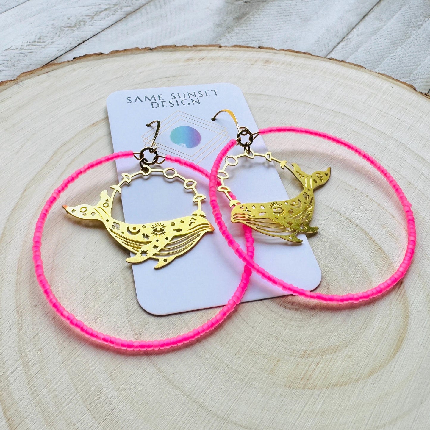 Whale Earrings, Seed Bead Hoop Earrings, Brass Hoop Earrings Large, Birthday Gift for Wife, Easter Basket Stuffers for Women, Boho Chic