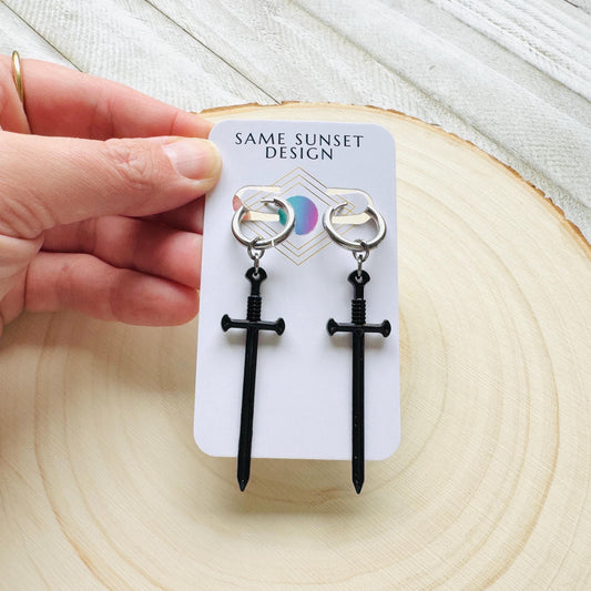 Dagger Earrings, Sword Earrings, Goth Earrings Men, Punk Jewelry, Huggie Hoop Earrings, Trendy Jewelry 2025, Fun Birthday Gift, Gift for Mom