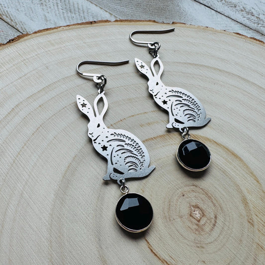 Bunny Earrings, Rabbits, Onyx Earrings, Gothic Earrings for Women, Punk Jewelry, Cottagecore Earrings, Easter Basket Stuffers for Tween