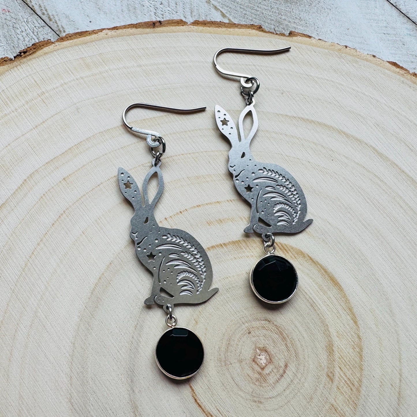 Bunny Earrings, Rabbits, Onyx Earrings, Gothic Earrings for Women, Punk Jewelry, Cottagecore Earrings, Easter Basket Stuffers for Tween