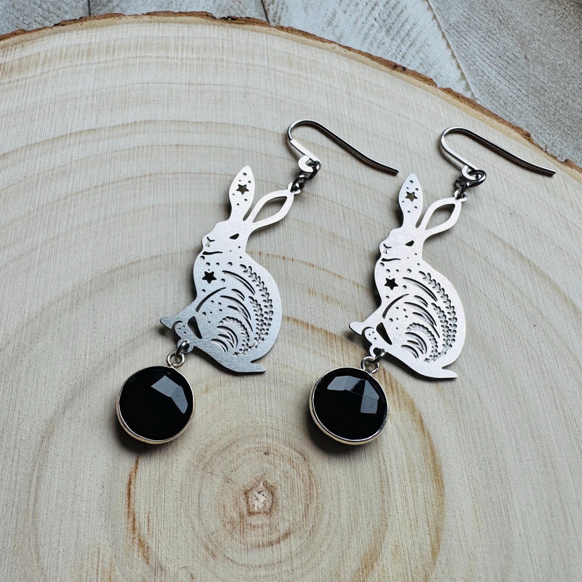Bunny Earrings, Rabbits, Onyx Earrings, Gothic Earrings for Women, Punk Jewelry, Cottagecore Earrings, Easter Basket Stuffers for Tween