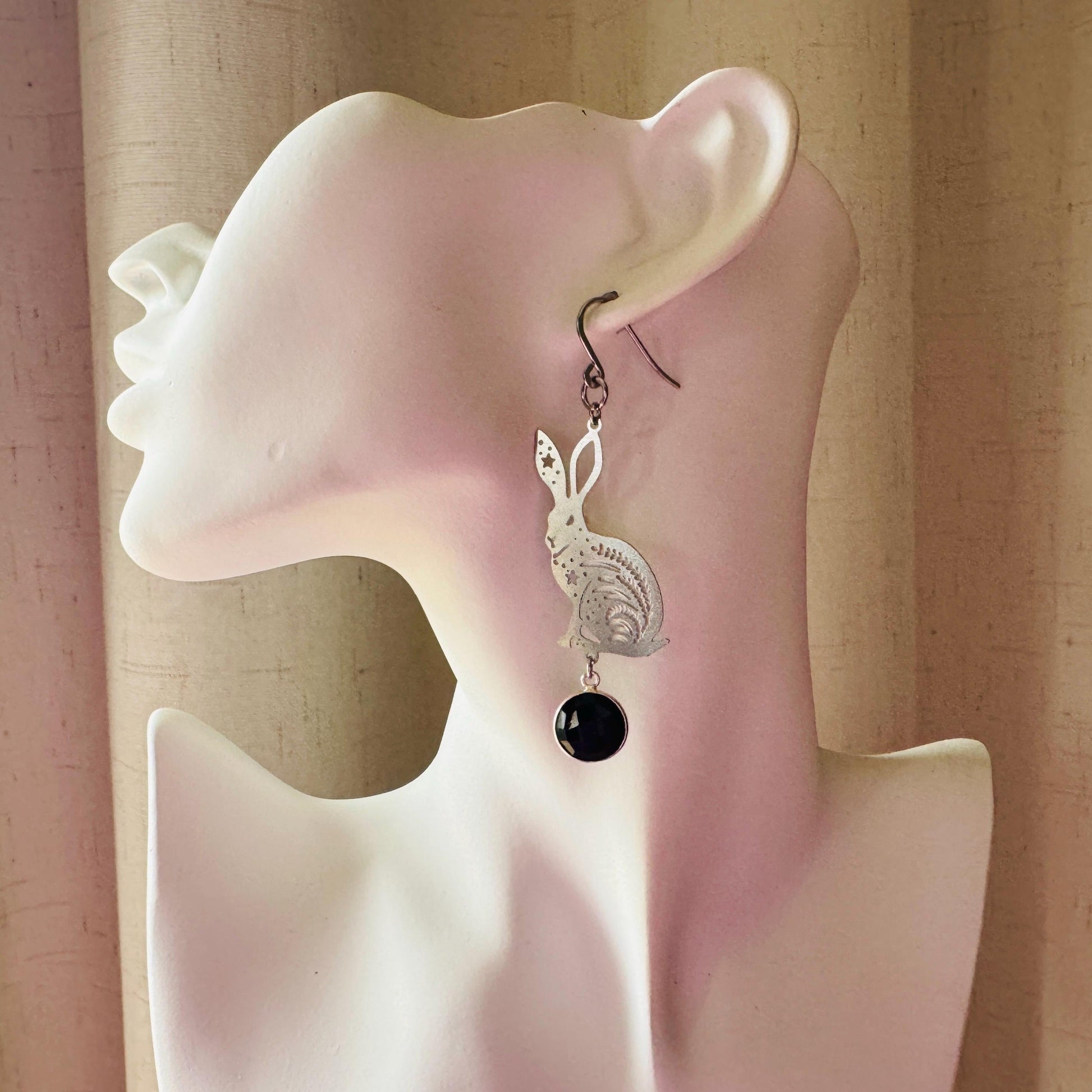 Bunny Earrings, Rabbits, Onyx Earrings, Gothic Earrings for Women, Punk Jewelry, Cottagecore Earrings, Easter Basket Stuffers for Tween