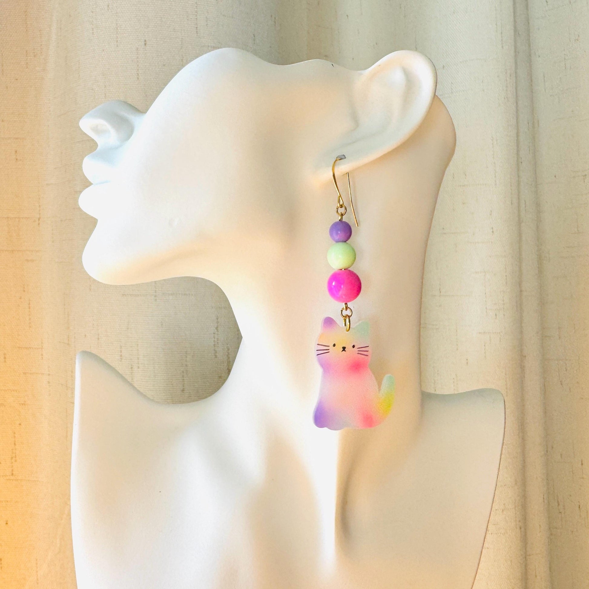 Cat Earrings, Pastel Goth, Kitty Jewelry, Statement Earrings Boho, Kawaii Jewelry, Art Deco Earrings, Easter Basket Stuffers for Tween