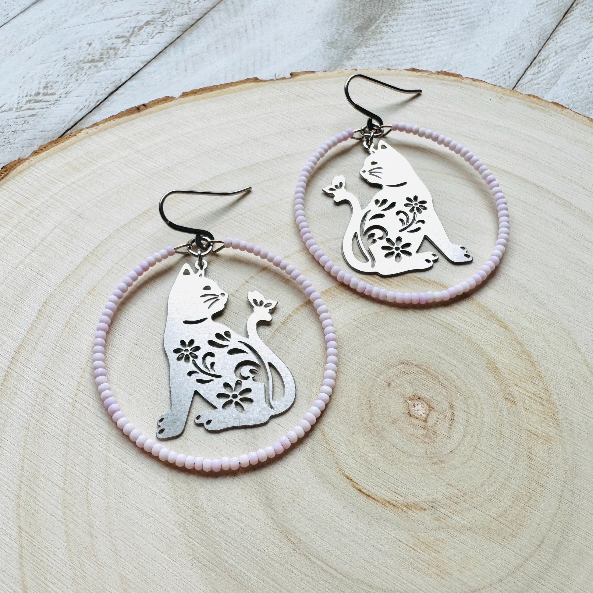 Cat Earrings, Seed Bead Earrings, Hoop Earrings Silver, Pastel Goth, Kitty Jewelry, Easter Basket Stuffers for Tween, Best Gift for Mom