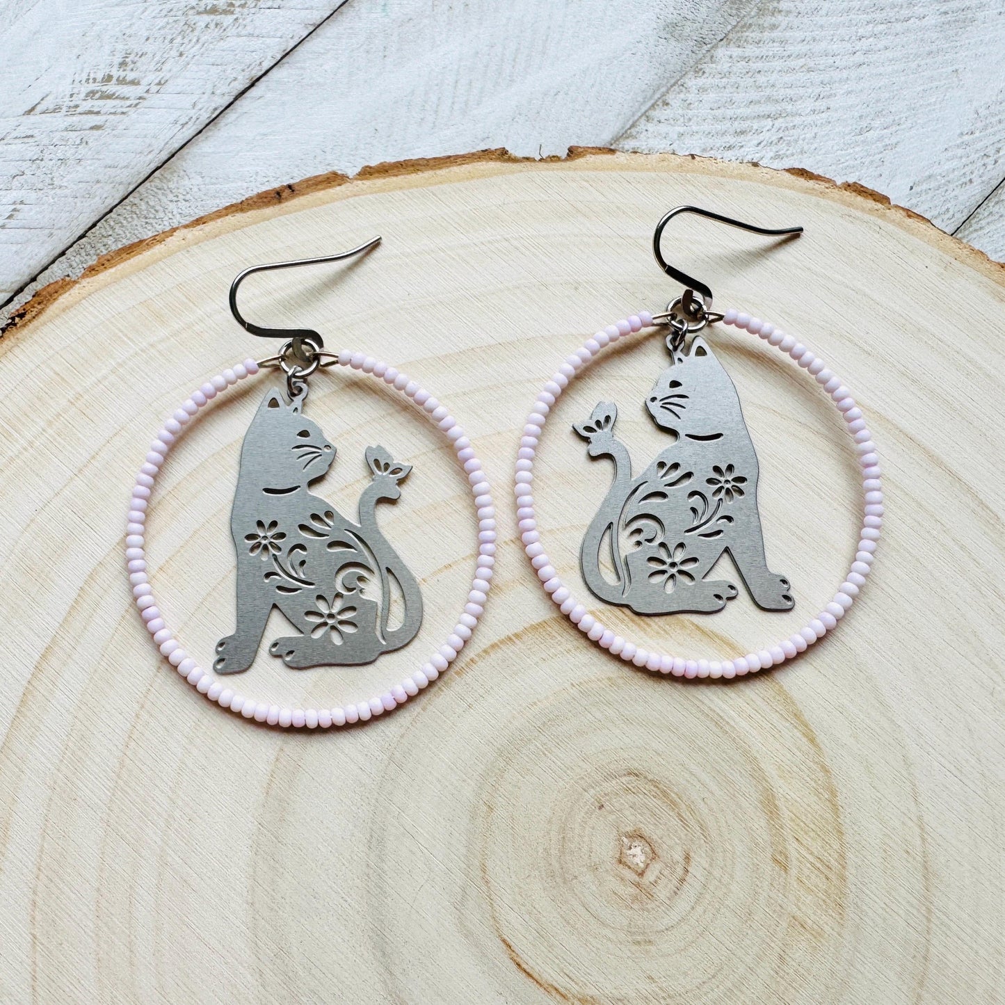 Cat Earrings, Seed Bead Earrings, Hoop Earrings Silver, Pastel Goth, Kitty Jewelry, Easter Basket Stuffers for Tween, Best Gift for Mom