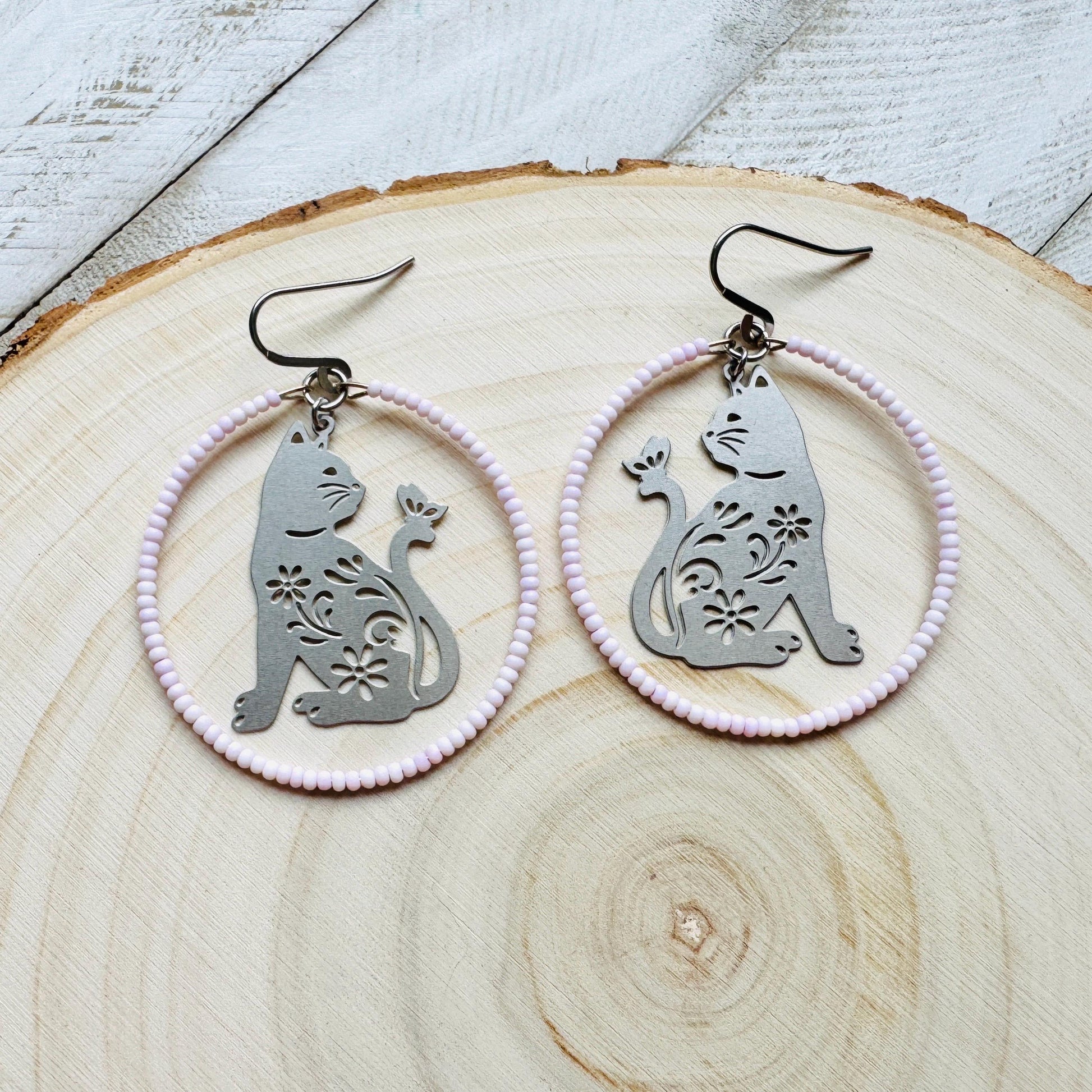 Cat Earrings, Seed Bead Earrings, Hoop Earrings Silver, Pastel Goth, Kitty Jewelry, Easter Basket Stuffers for Tween, Best Gift for Mom