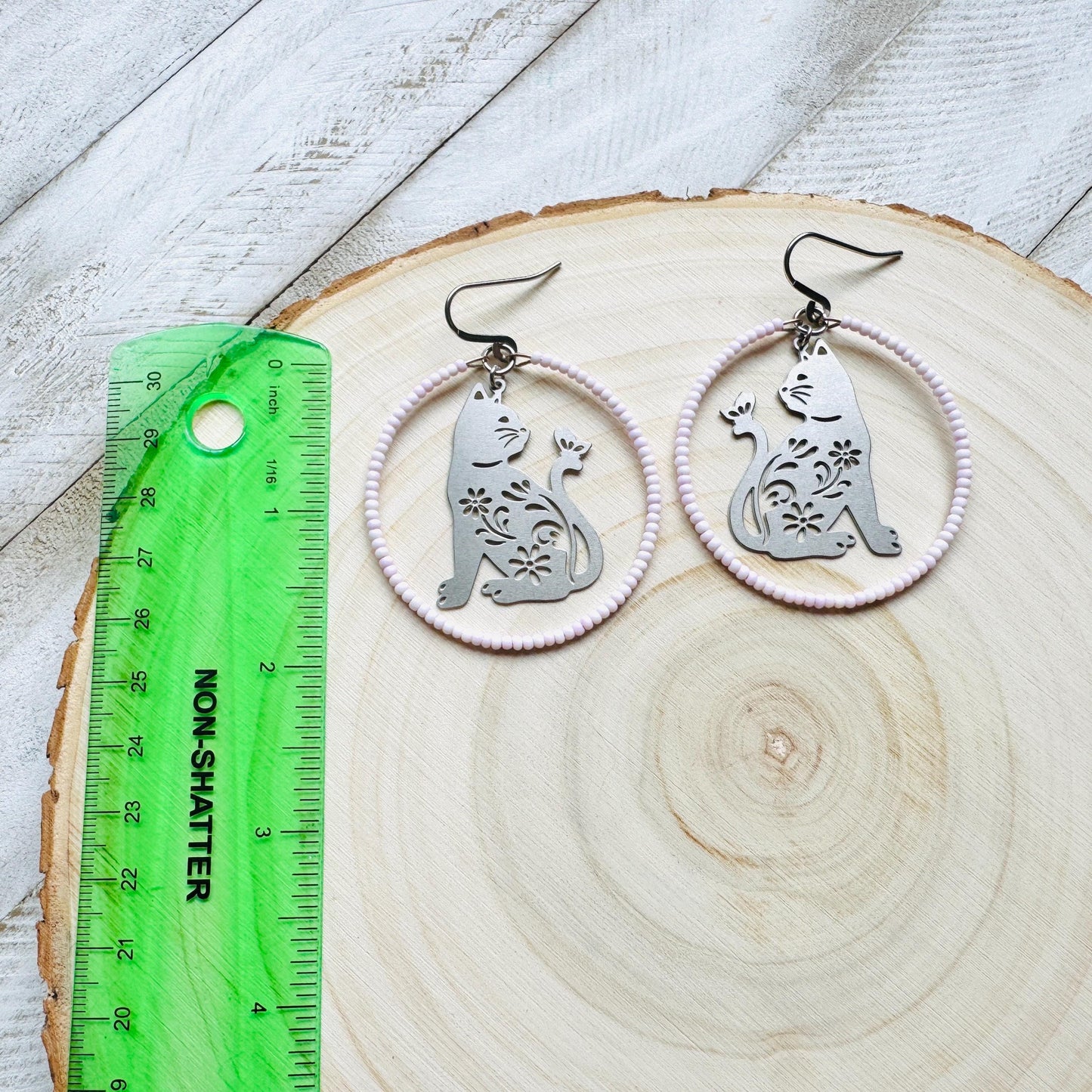 Cat Earrings, Seed Bead Earrings, Hoop Earrings Silver, Pastel Goth, Kitty Jewelry, Easter Basket Stuffers for Tween, Best Gift for Mom
