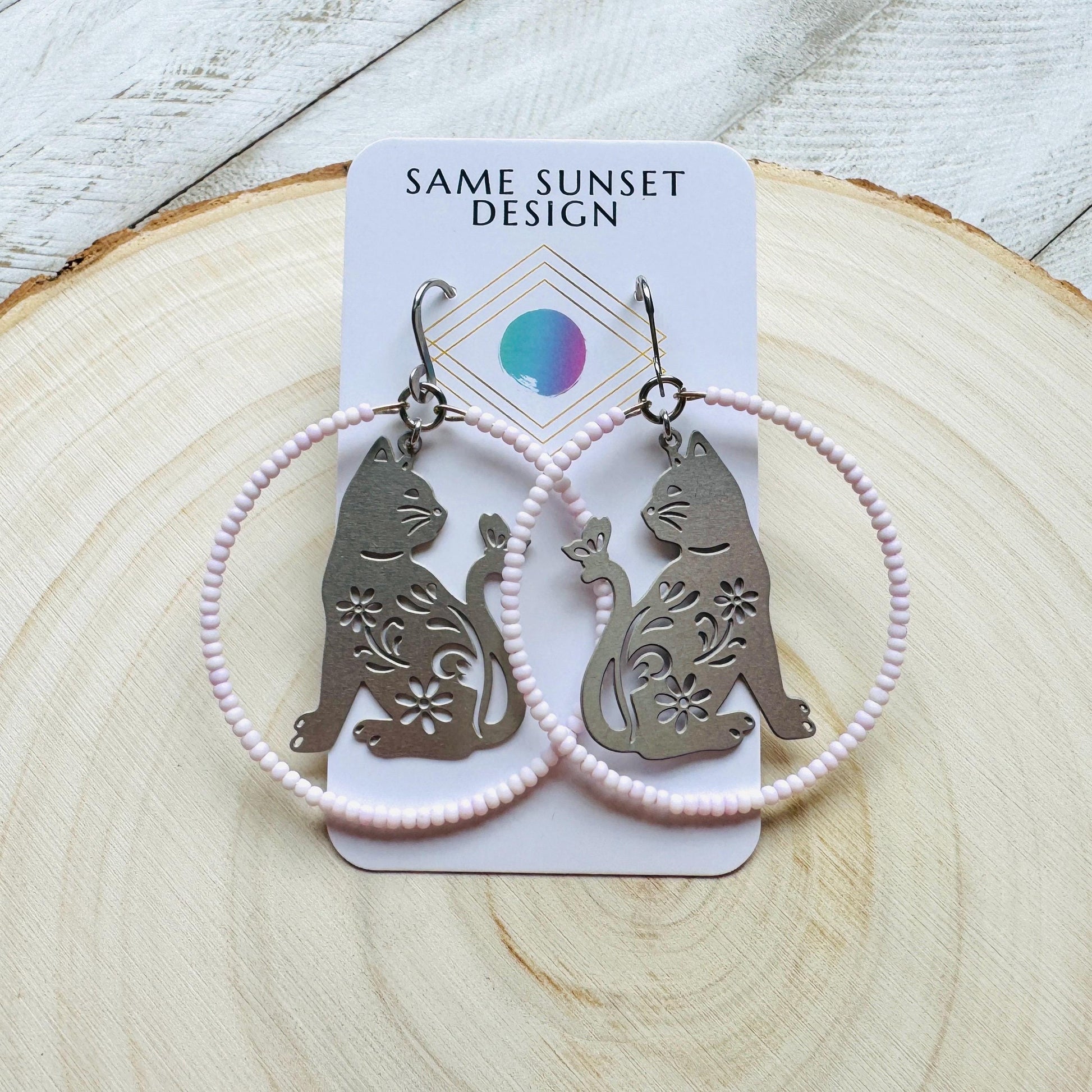 Cat Earrings, Seed Bead Earrings, Hoop Earrings Silver, Pastel Goth, Kitty Jewelry, Easter Basket Stuffers for Tween, Best Gift for Mom