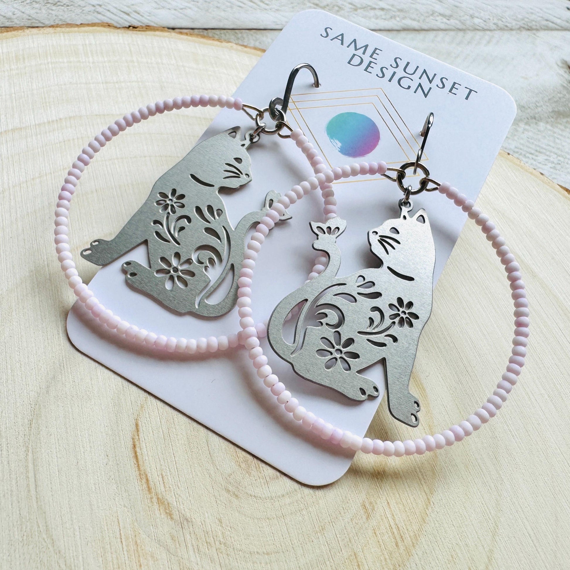 Cat Earrings, Seed Bead Earrings, Hoop Earrings Silver, Pastel Goth, Kitty Jewelry, Easter Basket Stuffers for Tween, Best Gift for Mom