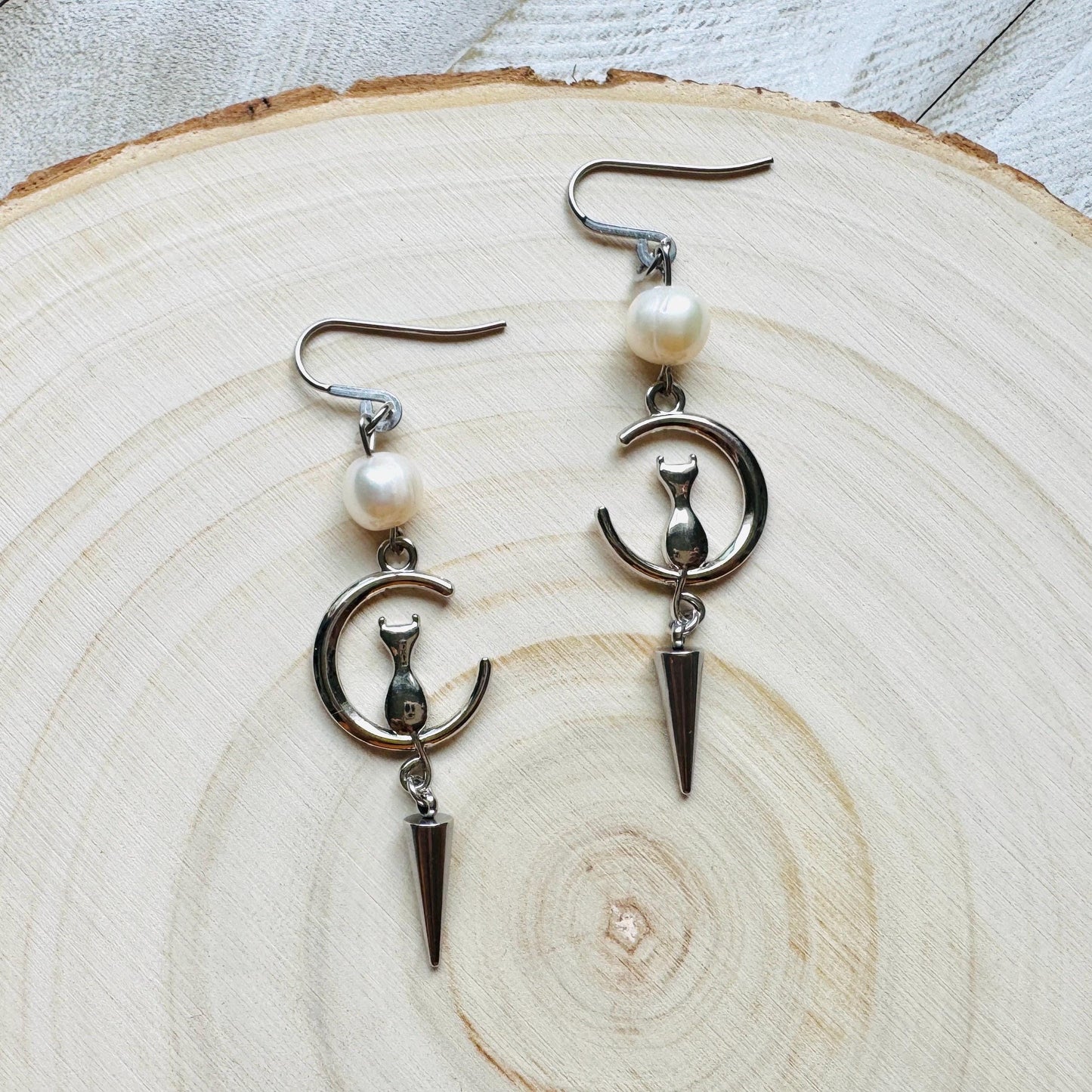 Cat Earrings, Pearl Earrings, Best Gifts for Aunt, Mothers Day Gift from Daughter, Easter Basket Stuffers for Tween, Witchy Gifts, Moons