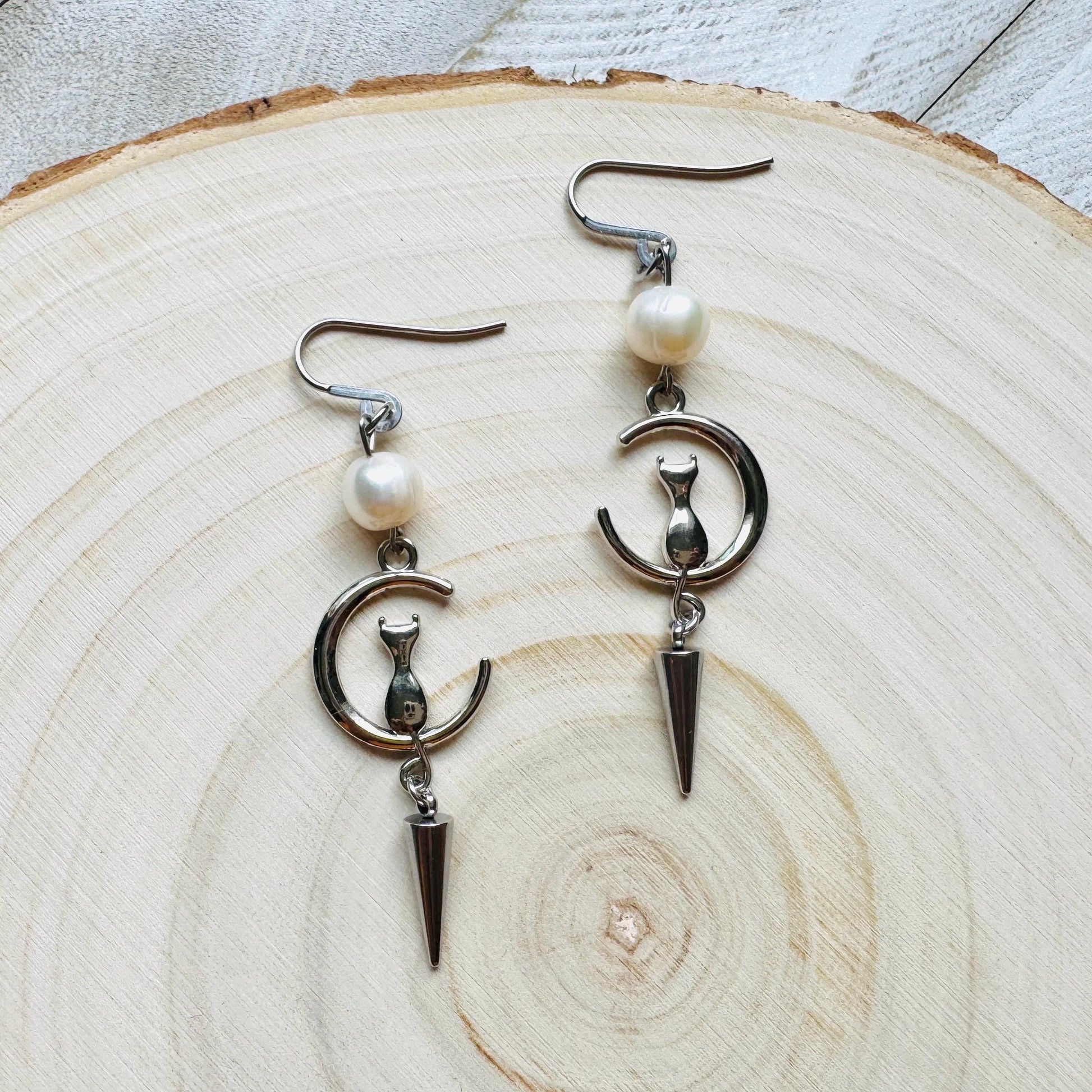 Cat Earrings, Pearl Earrings, Best Gifts for Aunt, Mothers Day Gift from Daughter, Easter Basket Stuffers for Tween, Witchy Gifts, Moons