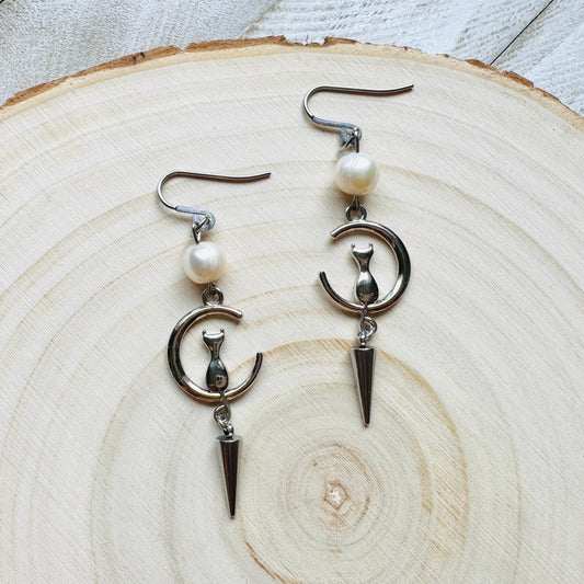 Cat Earrings, Pearl Earrings, Best Gifts for Aunt, Mothers Day Gift from Daughter, Easter Basket Stuffers for Tween, Witchy Gifts, Moons