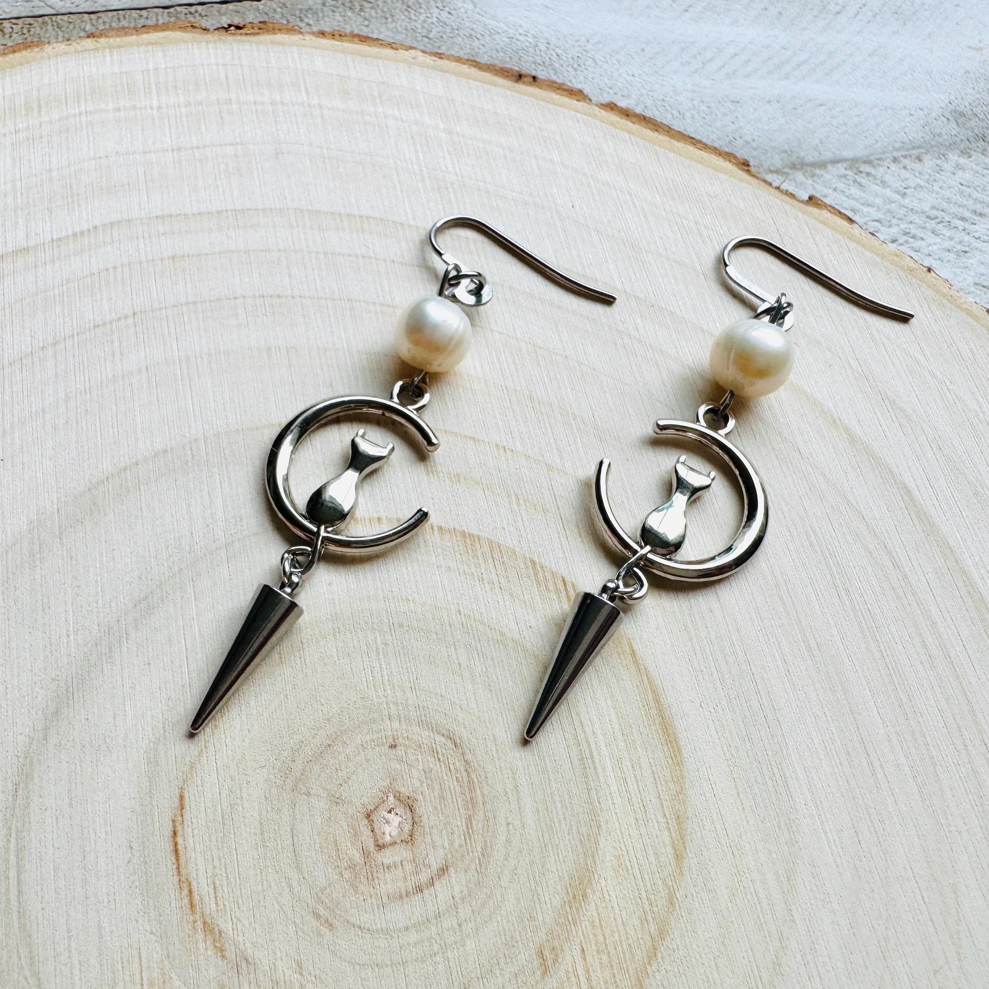 Cat Earrings, Pearl Earrings, Best Gifts for Aunt, Mothers Day Gift from Daughter, Easter Basket Stuffers for Tween, Witchy Gifts, Moons