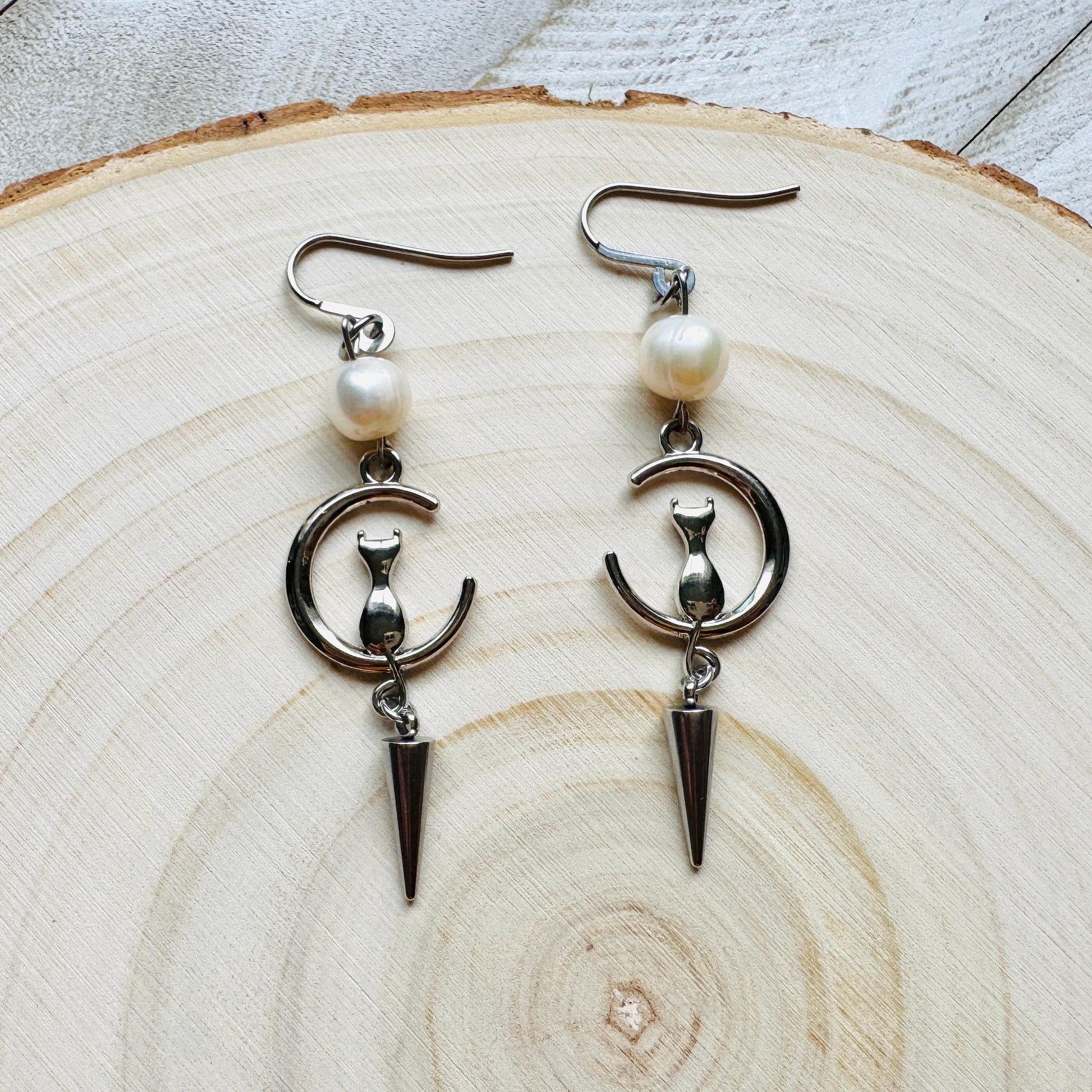 Cat Earrings, Pearl Earrings, Best Gifts for Aunt, Mothers Day Gift from Daughter, Easter Basket Stuffers for Tween, Witchy Gifts, Moons