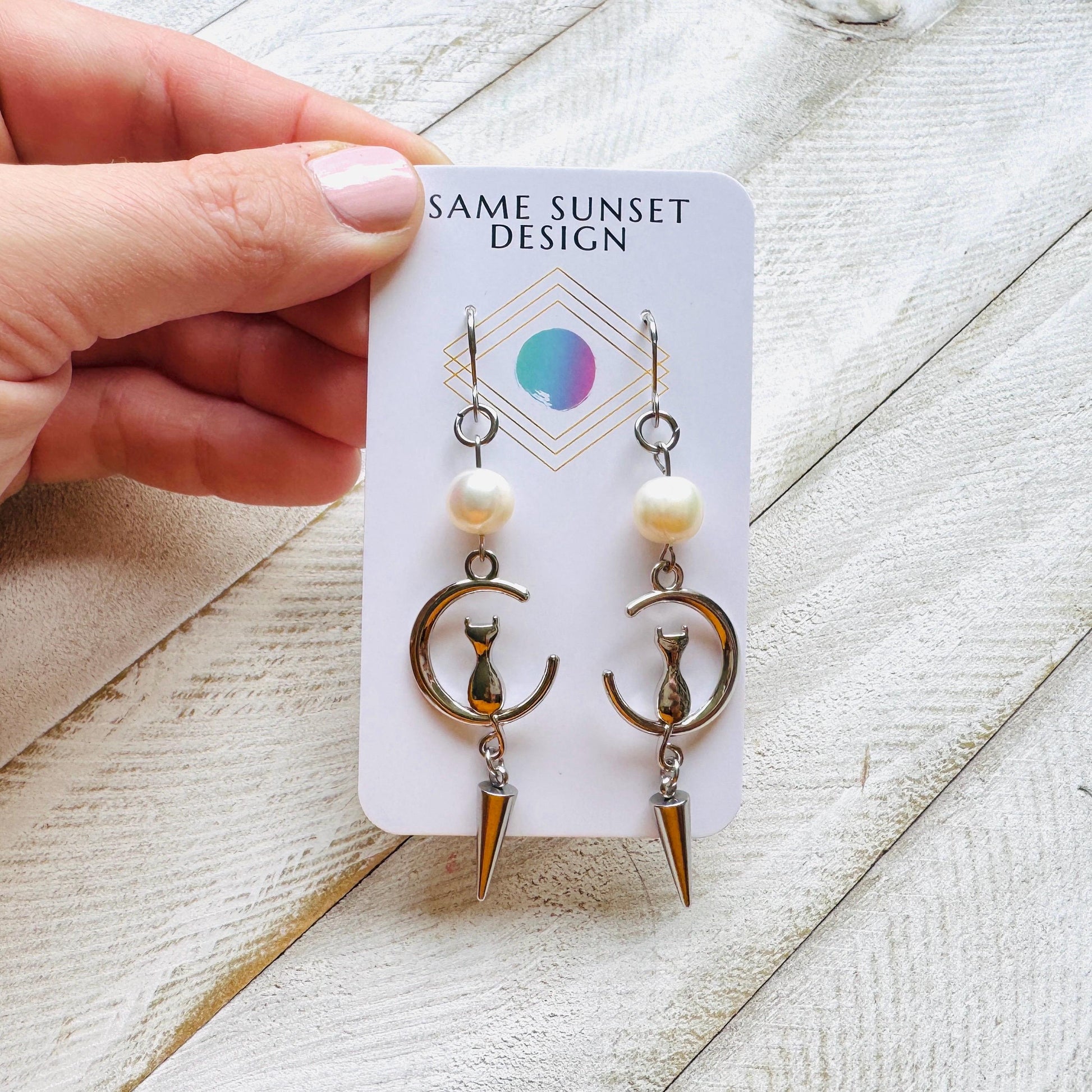Cat Earrings, Pearl Earrings, Best Gifts for Aunt, Mothers Day Gift from Daughter, Easter Basket Stuffers for Tween, Witchy Gifts, Moons