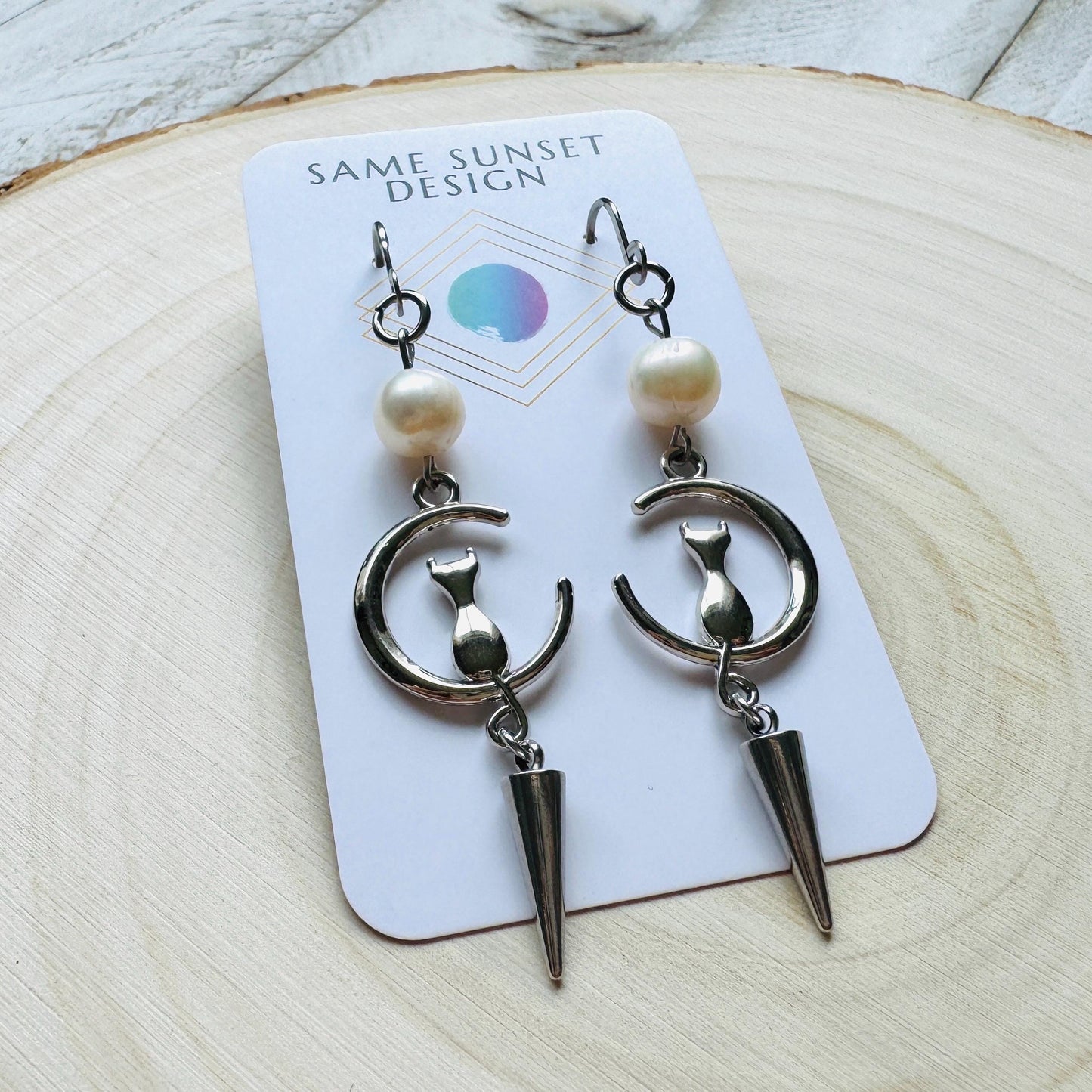 Cat Earrings, Pearl Earrings, Best Gifts for Aunt, Mothers Day Gift from Daughter, Easter Basket Stuffers for Tween, Witchy Gifts, Moons