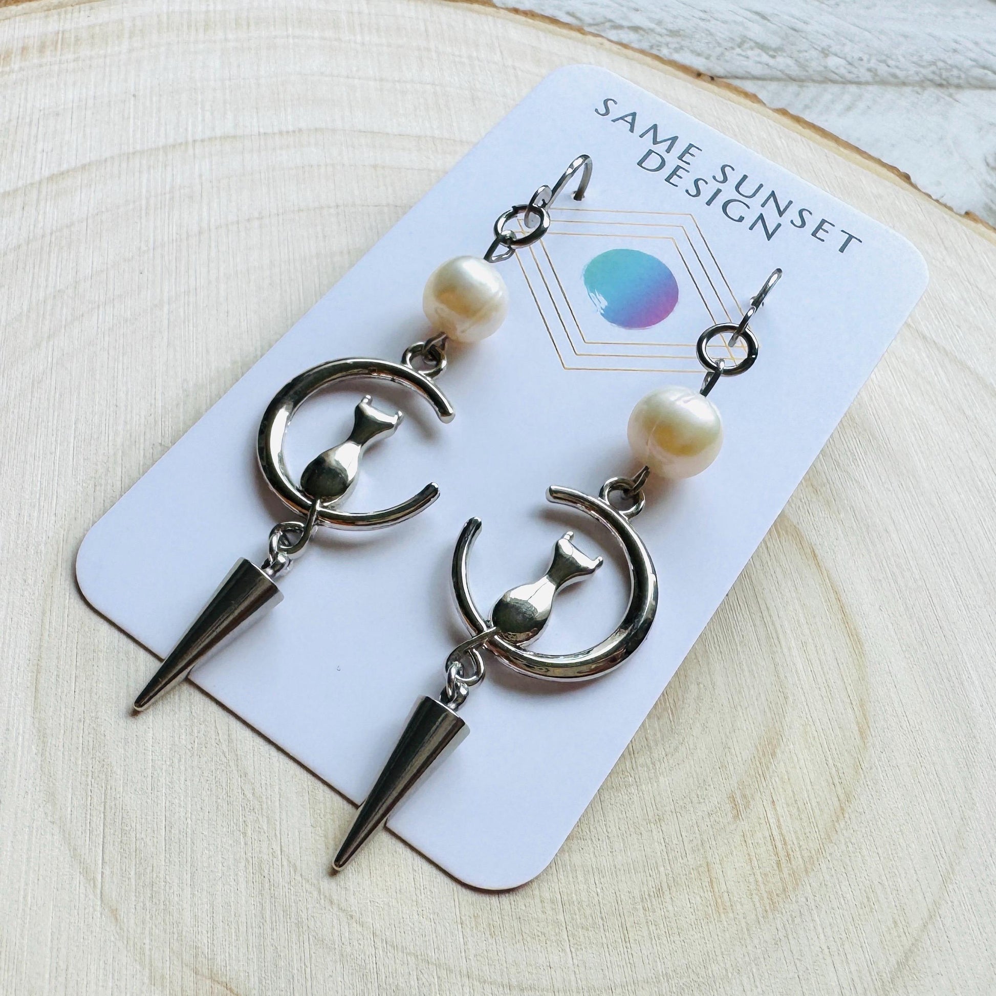 Cat Earrings, Pearl Earrings, Best Gifts for Aunt, Mothers Day Gift from Daughter, Easter Basket Stuffers for Tween, Witchy Gifts, Moons